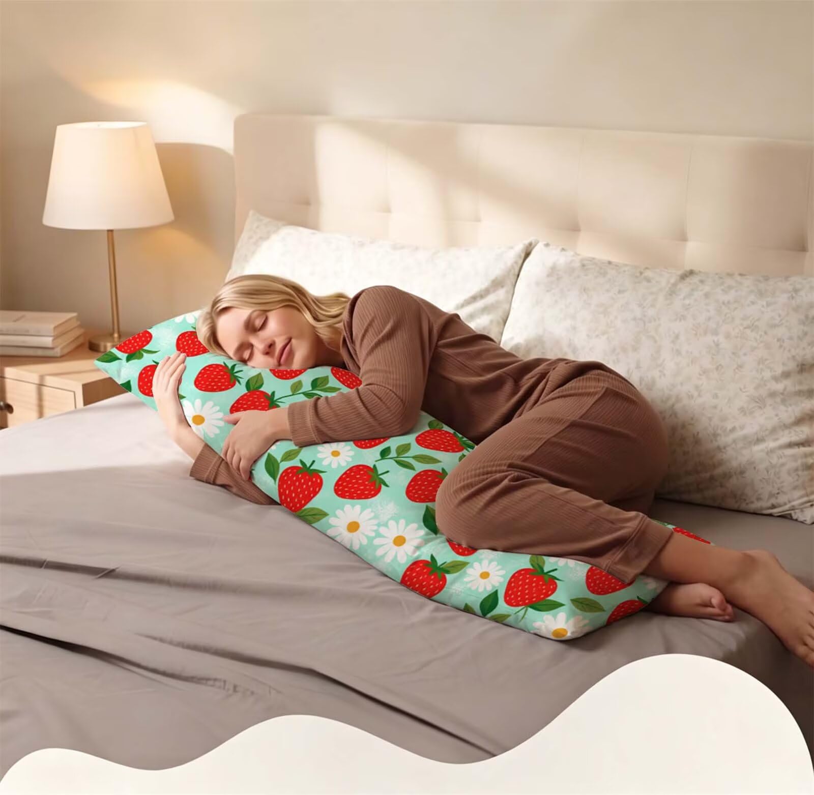 Fodera Cuscino 55 x 160 cm, Fragola-1 Lino Copricuscini Letto, | con Invisibile Cerniera, Morbida e Traspirante, per biancheria da letto, divano, hotel, chi dorme sul fianco Blu j-61