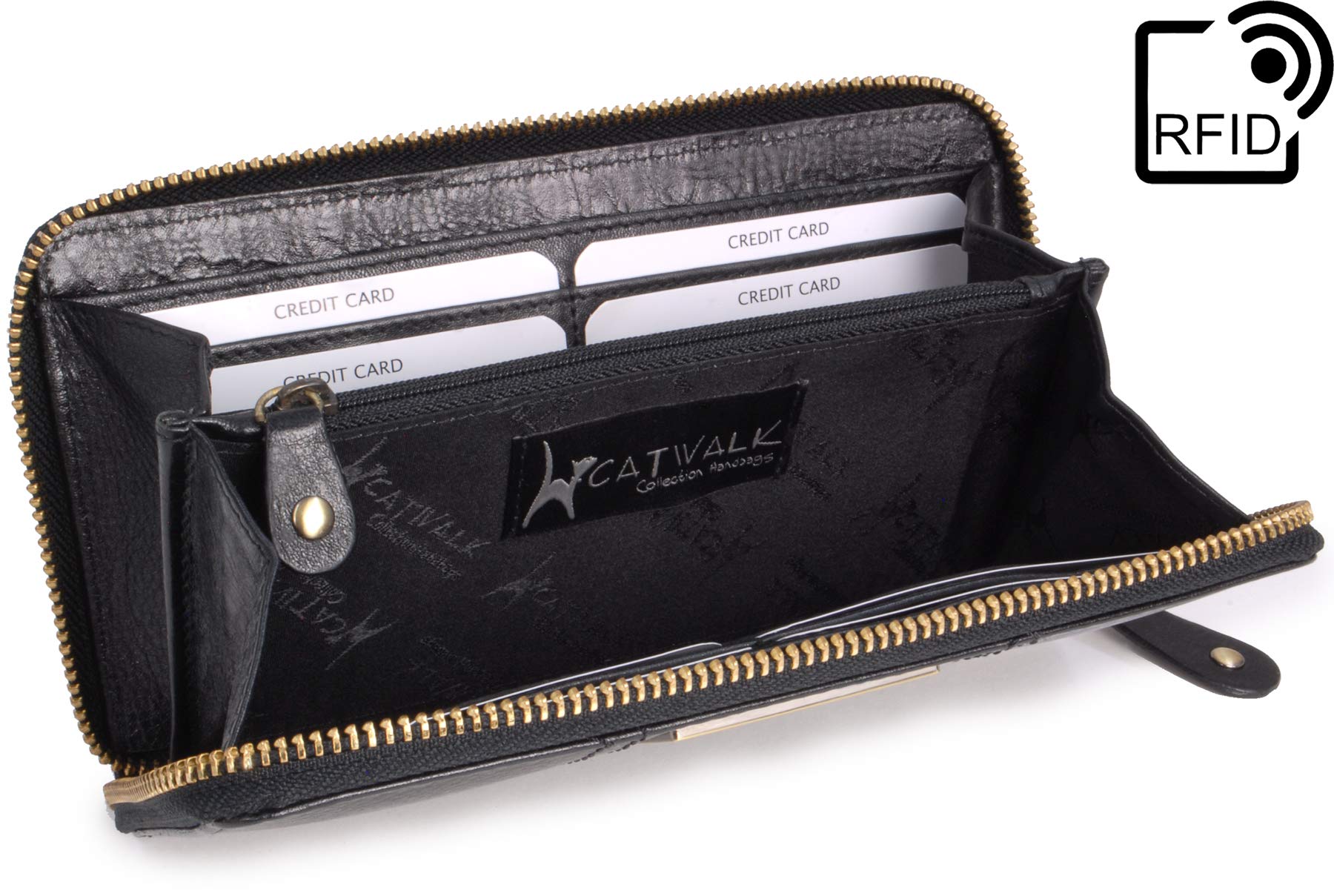 Catwalk Collection Handbags - Średnia Skórzana Portmonetka Dla Kobiet - Kieszenie na 8 Kart Kredytowych i Monety - Ochrona RFID - Gallery - Czarny