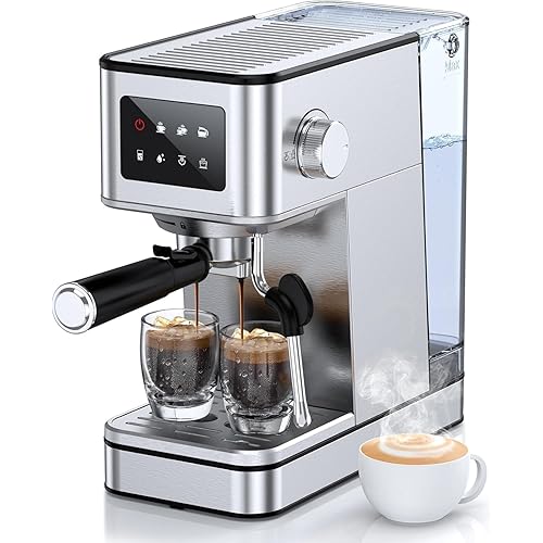 Espresso Machine with Milk Frother, 20 Bar Compact Coffee Machine with Touch Screen & 57.5oz Removable Water Tank for Home, Stainless Steel Espresso Maker for Cappuccino, Latte, Silver(updated)