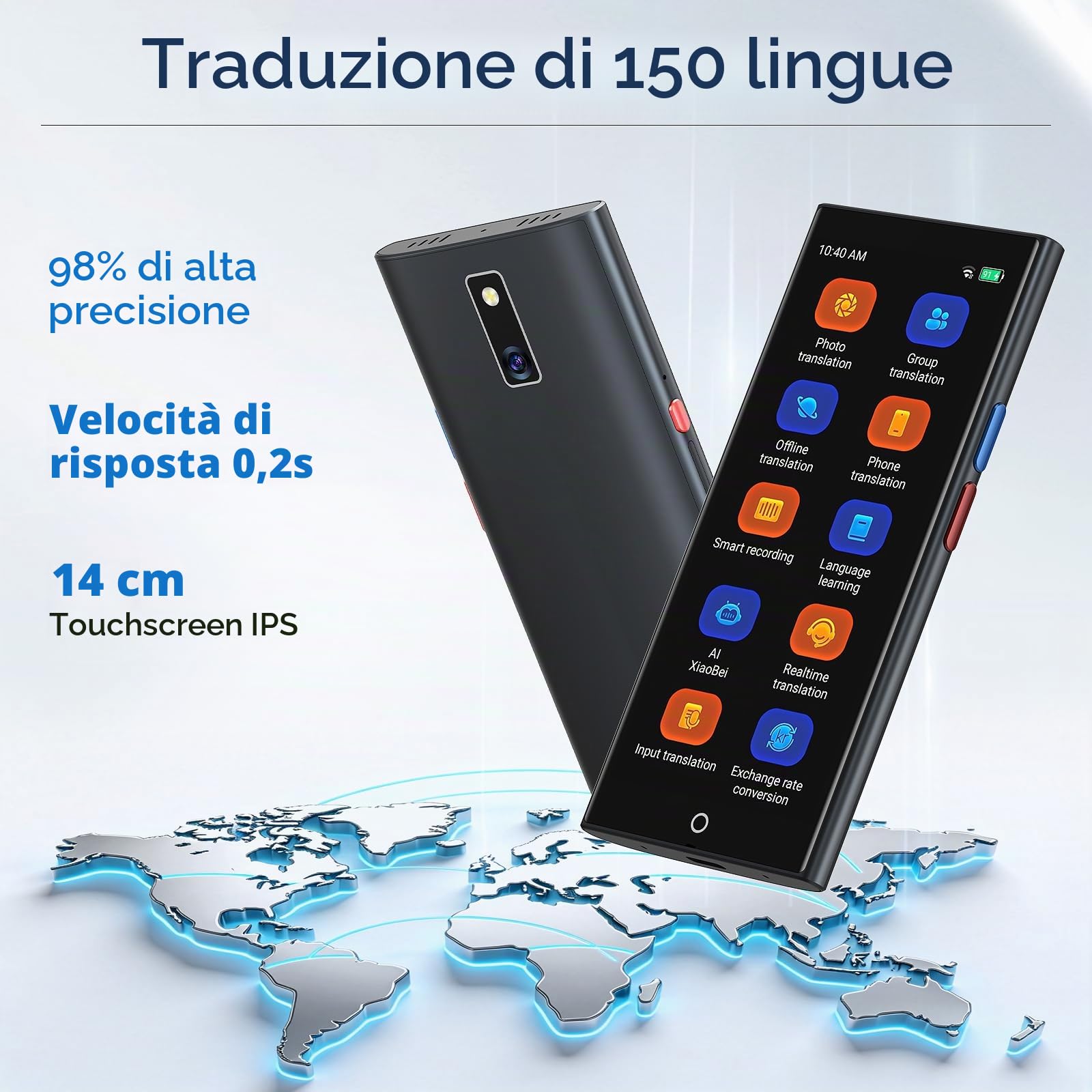 Dispositivo di Traduzione Vocale,Traduttore con Sintesi Vocale,150 lingue Traduzione AI online e offline,Traduzioni di Gruppo e Telefoniche,Non richiede WiFi,Schermo HD da 5,5" per Viaggi e Affari