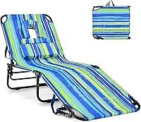Vista 13 de GYMAX Silla de bronceado, silla de playa de 350 libras con orificio facial, almohada lavable y correa de transporte, tumbona plegable ajustable