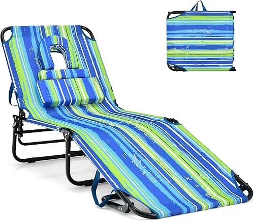 Miniatura 10 de GYMAX Silla bronceadora, silla de playa de 350 libras con orificio facial, almohada lavable y correa de transporte, tumbona plegable ajustable,