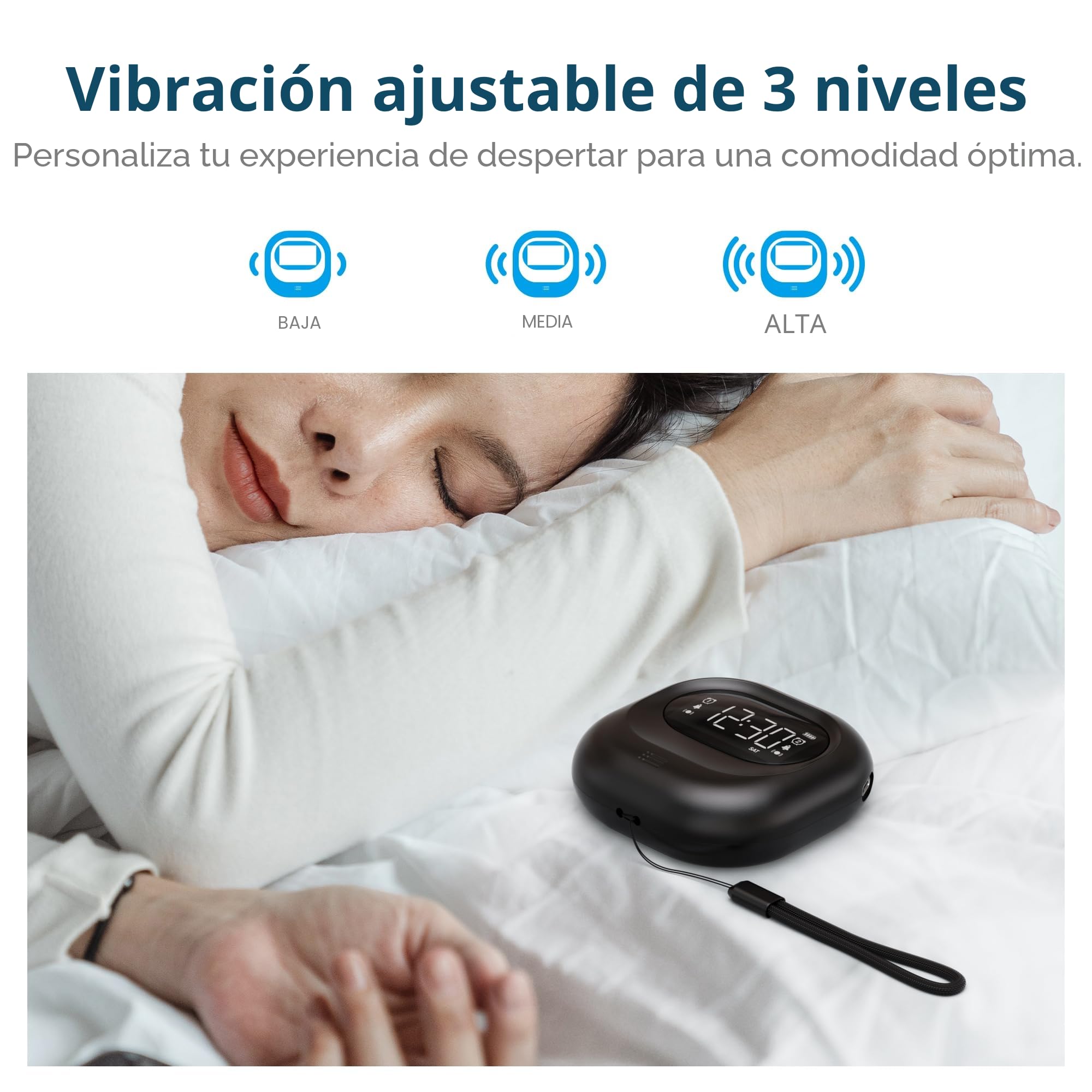Mesqool Reloj Despertador con Vibración, Reloj Despertador con Batería Recargable, Alarma Doble para Días Laborables & Fines de Semana, Inalámbrico, Sin Cables, Reloj Despertador Digital de Viaje