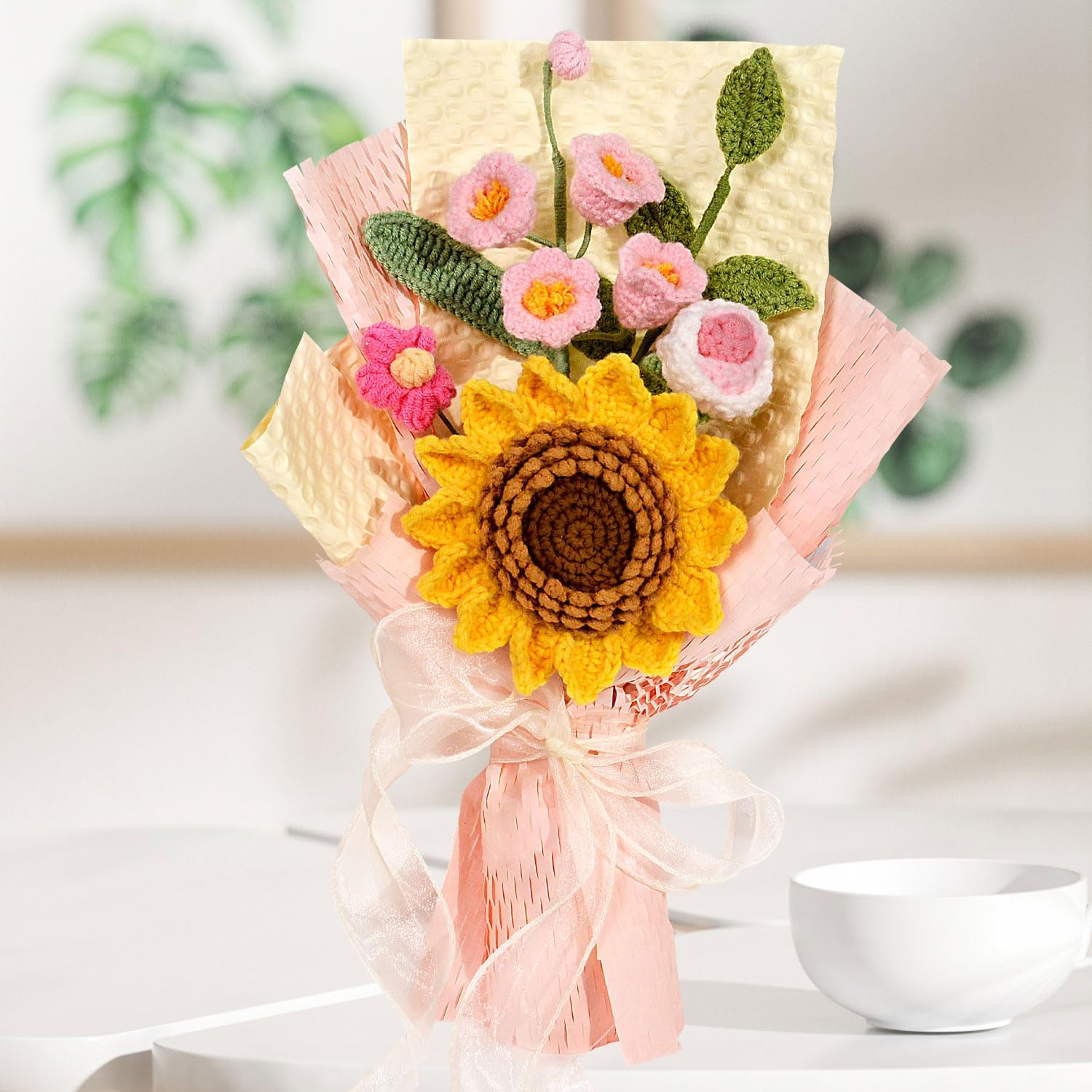 Handmade Crochet Sunflowers Bouquet, Crochet Bouquet of Flowers for Graduation, Mothers Day, Fathers Day, Birthday, Anniversary, Teachers, Retirement, Home Décor (Sunflower-Pink)