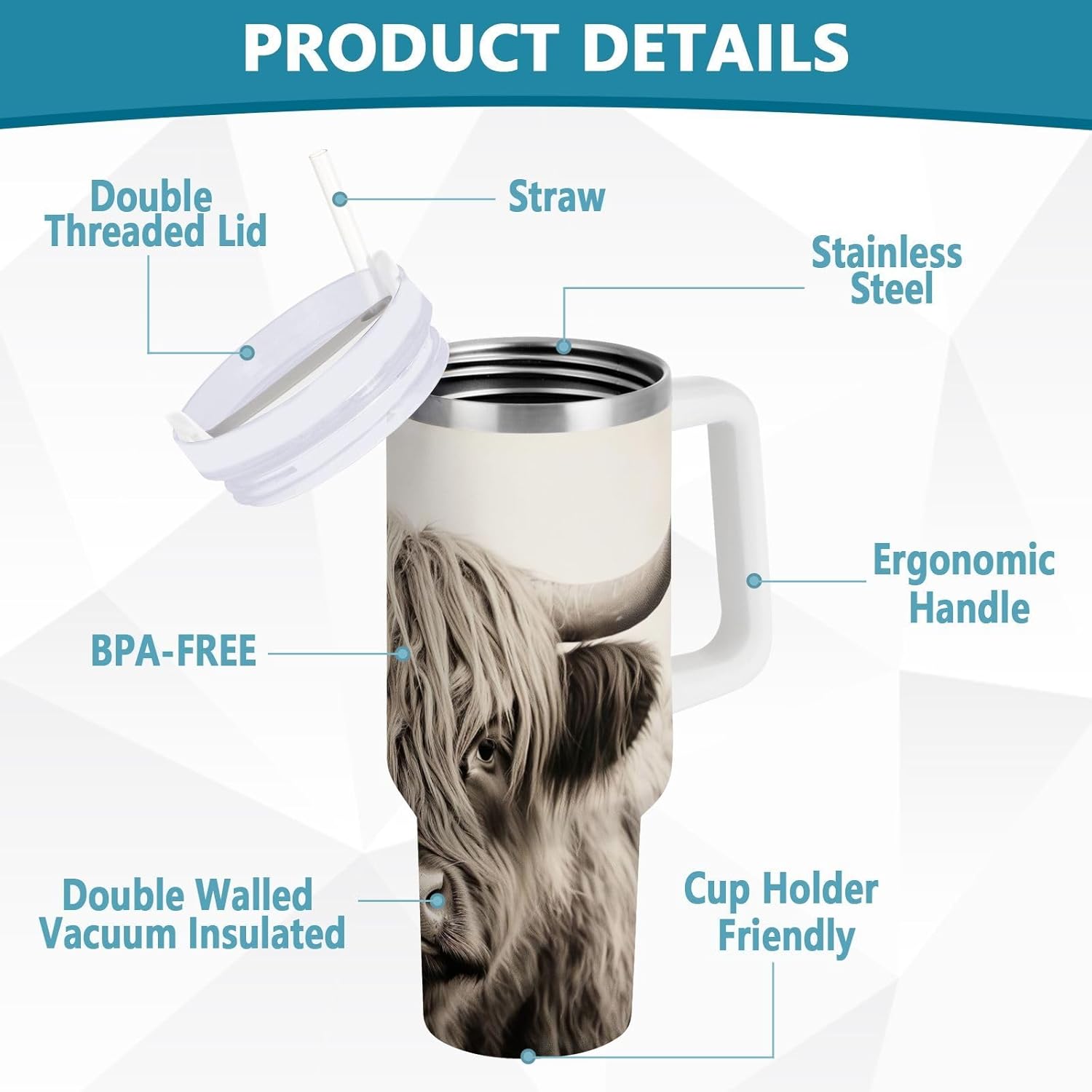 YETTASBIN Highland Cow 40 oz Tumbler with Handle, Stainless Steel Vacuum Insulated Sports Water Bottle, Leak-proof Travel Coffee Mug Cup with Lid and Straw for Water, Iced Tea or Coffee - Image 4