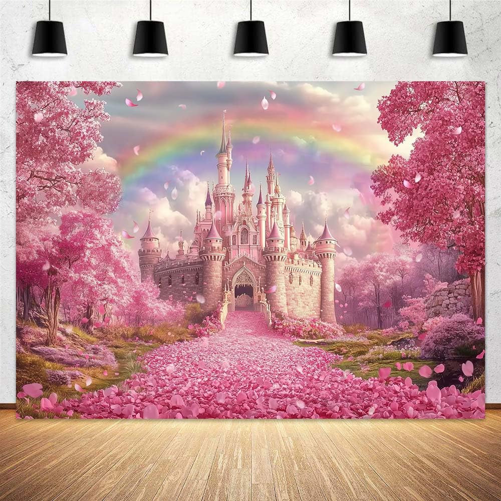 10x8 ft Pink Castle Princess Backdrop Floral Castle Kids Birthday Girls Woman Birthday Party Family Wedding Mothers Day Party Backdrop Baby Adult Girl