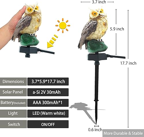 Miniatura 5 de SmilingTown Paquete de 2 luces solares de jardín de búho para exteriores, luz decorativa de estaca impermeable, decoración de búho para asustar a