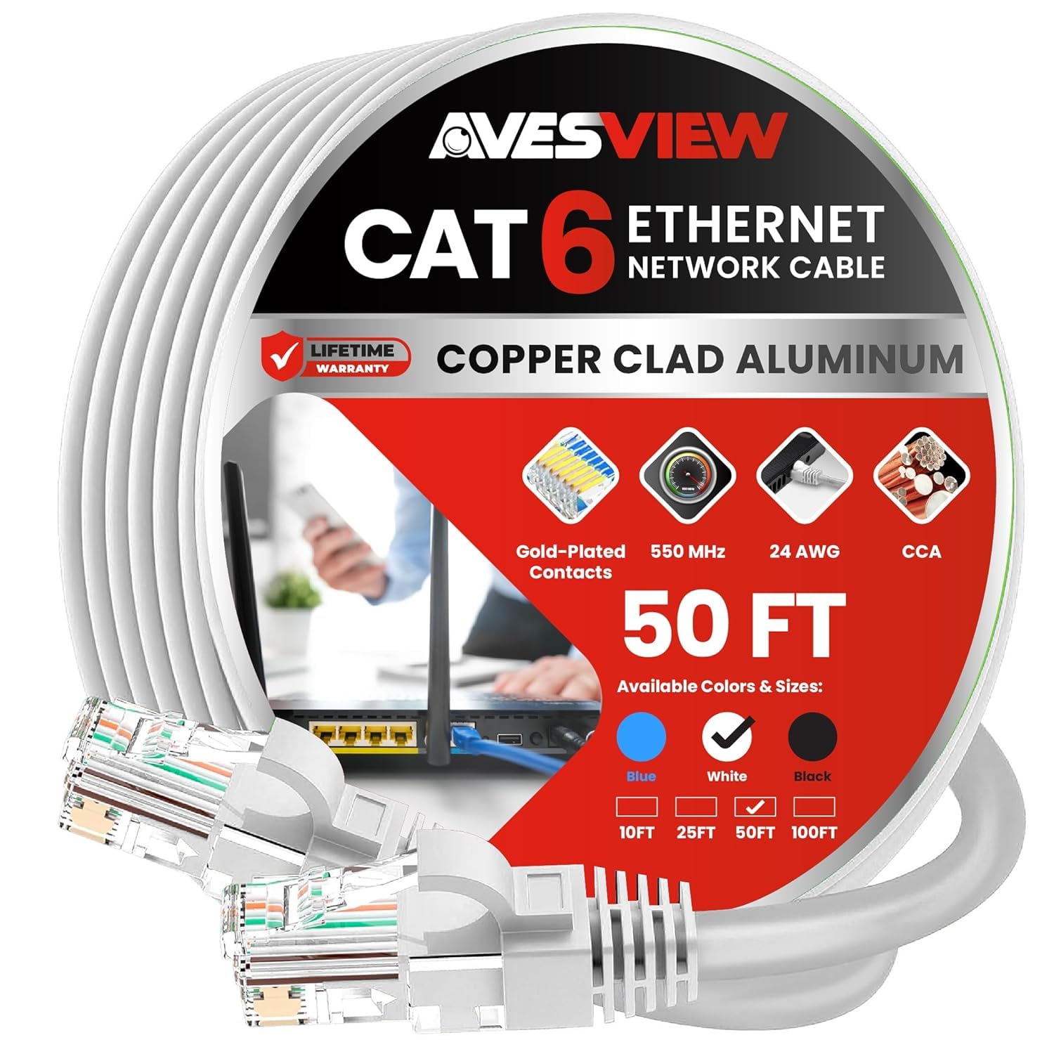 AvesView CAT 6 50 FT Ethernet Cable, Indoor High-Speed 10Gbps Snagless Long CAT6 50 Foot Ethernet Cable for Internet, Router, Modem, Gaming,