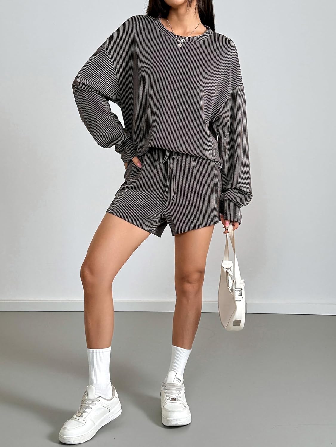 Womens 2 Piece Sets Ribbed Textured Knit Long Sleeve Shirts and Shorts Matching Lounge Set Loungewear - Image 5