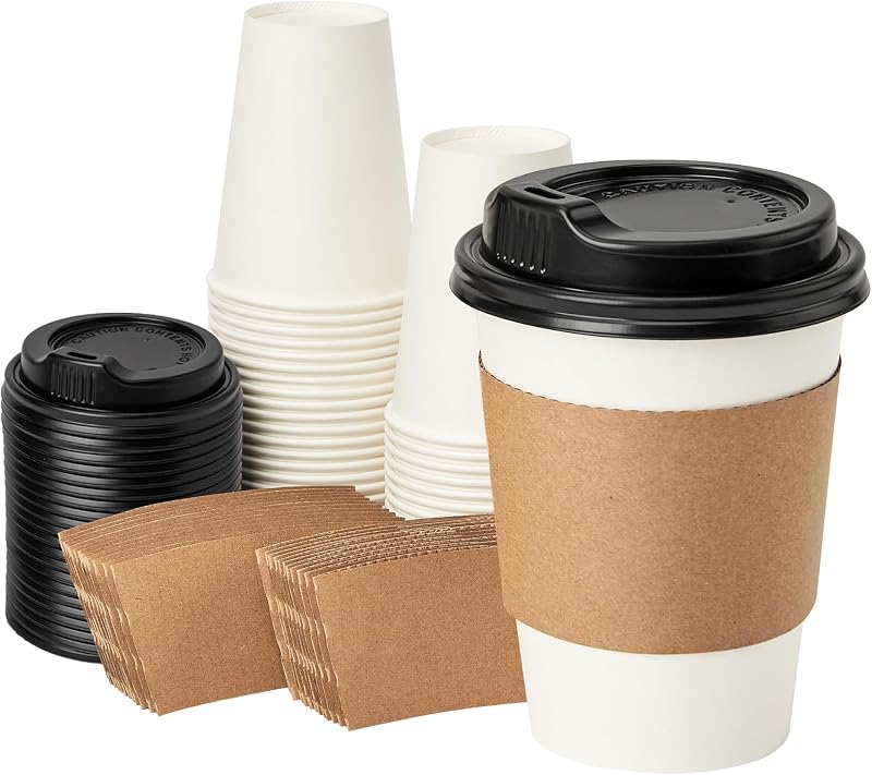 RACETOP 12 oz 50 pack Disposable Paper Coffee Cups with Lids and Sleeves | Thickened Paper Material, Leak-Proof Lids, Heat-Resistant Sleeves, For Hot/Cold Drinks, Ideal For Coffee Shops/Offices/Home