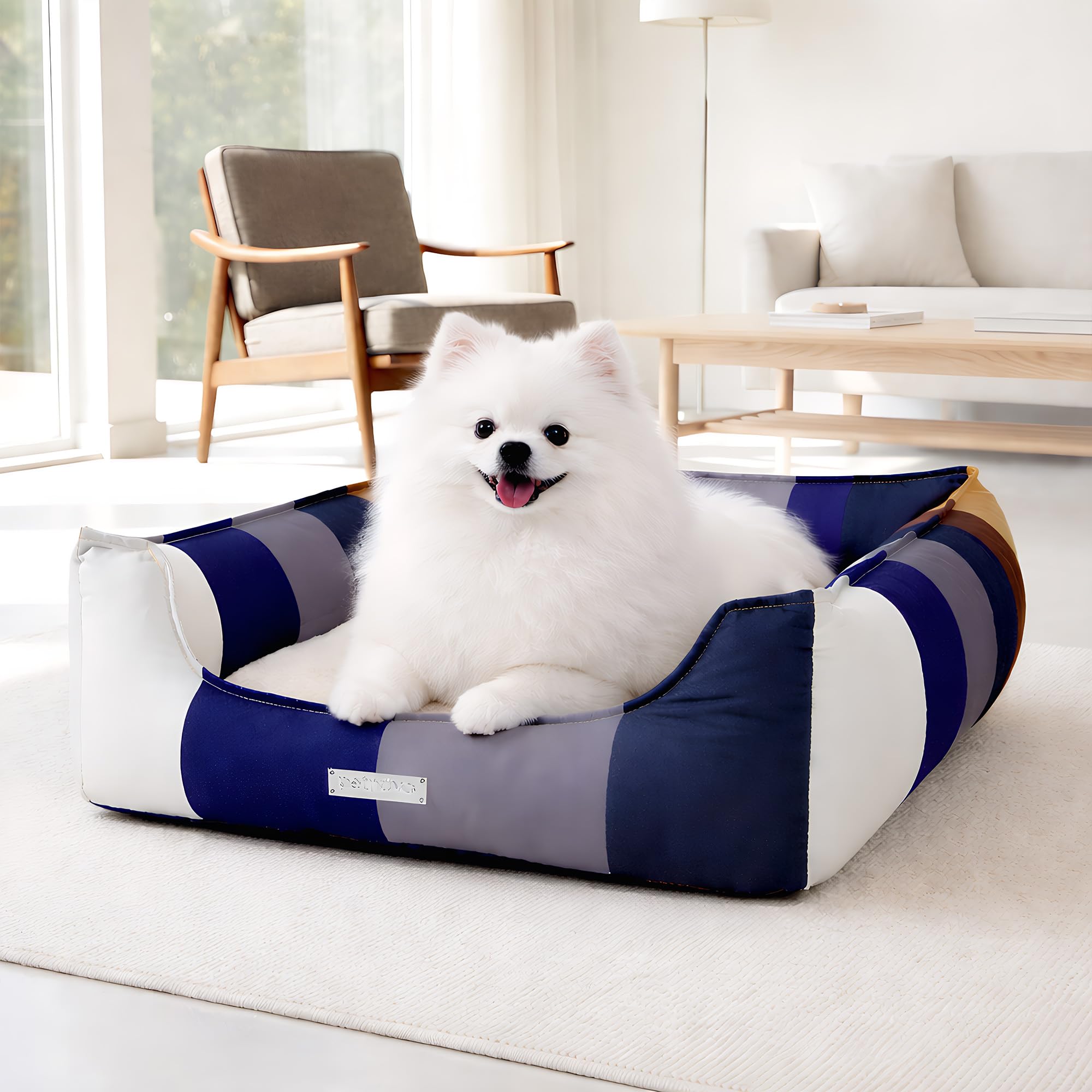 PETNOVO Lit pour Chat Arc-en-Ciel, Housse Amovible, Lavable, Corbeille de Sommeil Douillette avec Bord, Intérieur, Lit Douillet pour Chats et Petits Chiens, 65 × 45 × 18 cm, Arc-en-Ciel Bleu-Gris