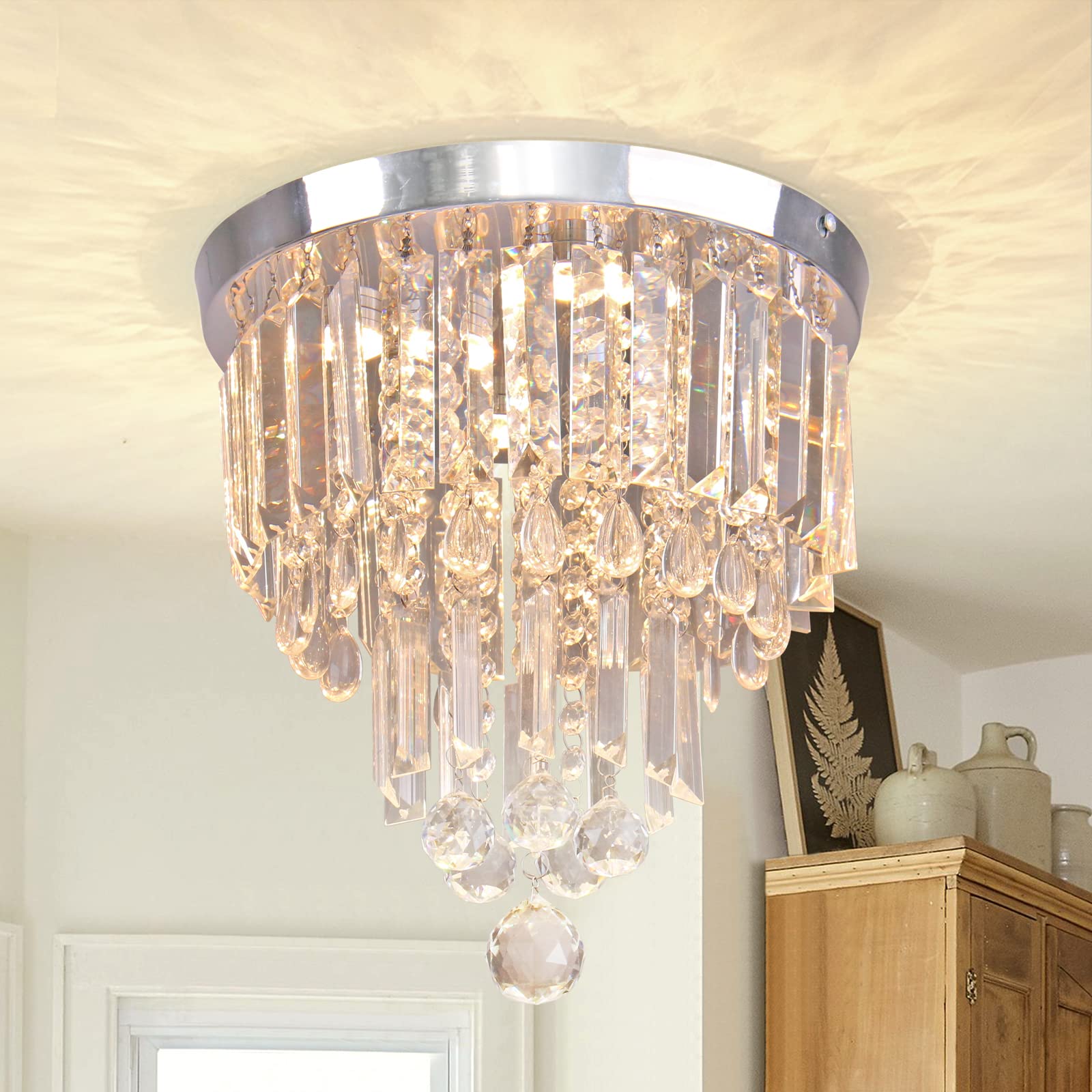 CXGLEAMING 11.8 inch Crystal Ceiling Light Modern LED Ceiling Chandeliers Flush Mount Ceiling Chandelier for Bedrooms Living Room Dinning Room (Warm White)