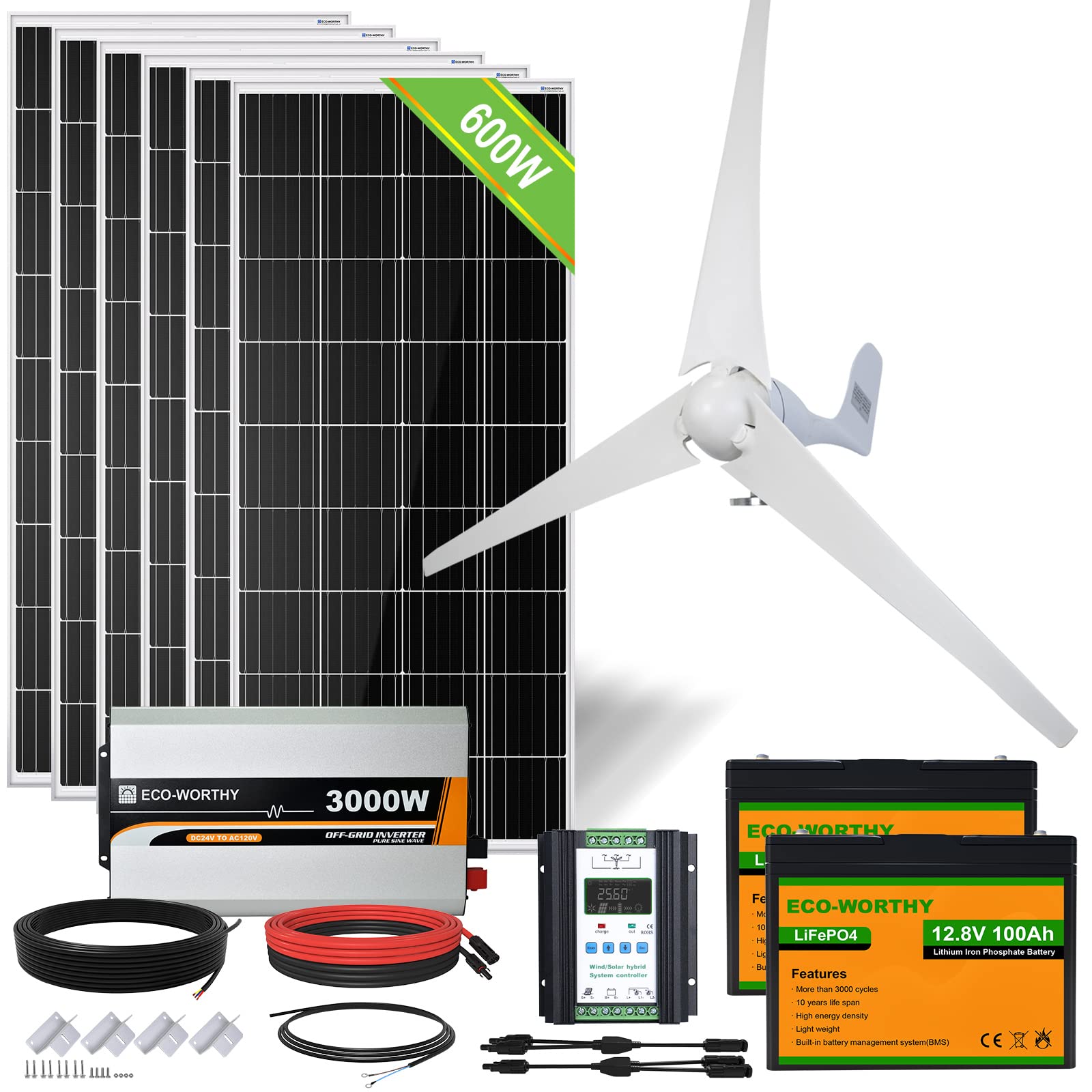 Buy ECO-WORTHY 1000W 4KWH Solar Wind Power Kit: 1*400W Wind Turbine + 6 ...