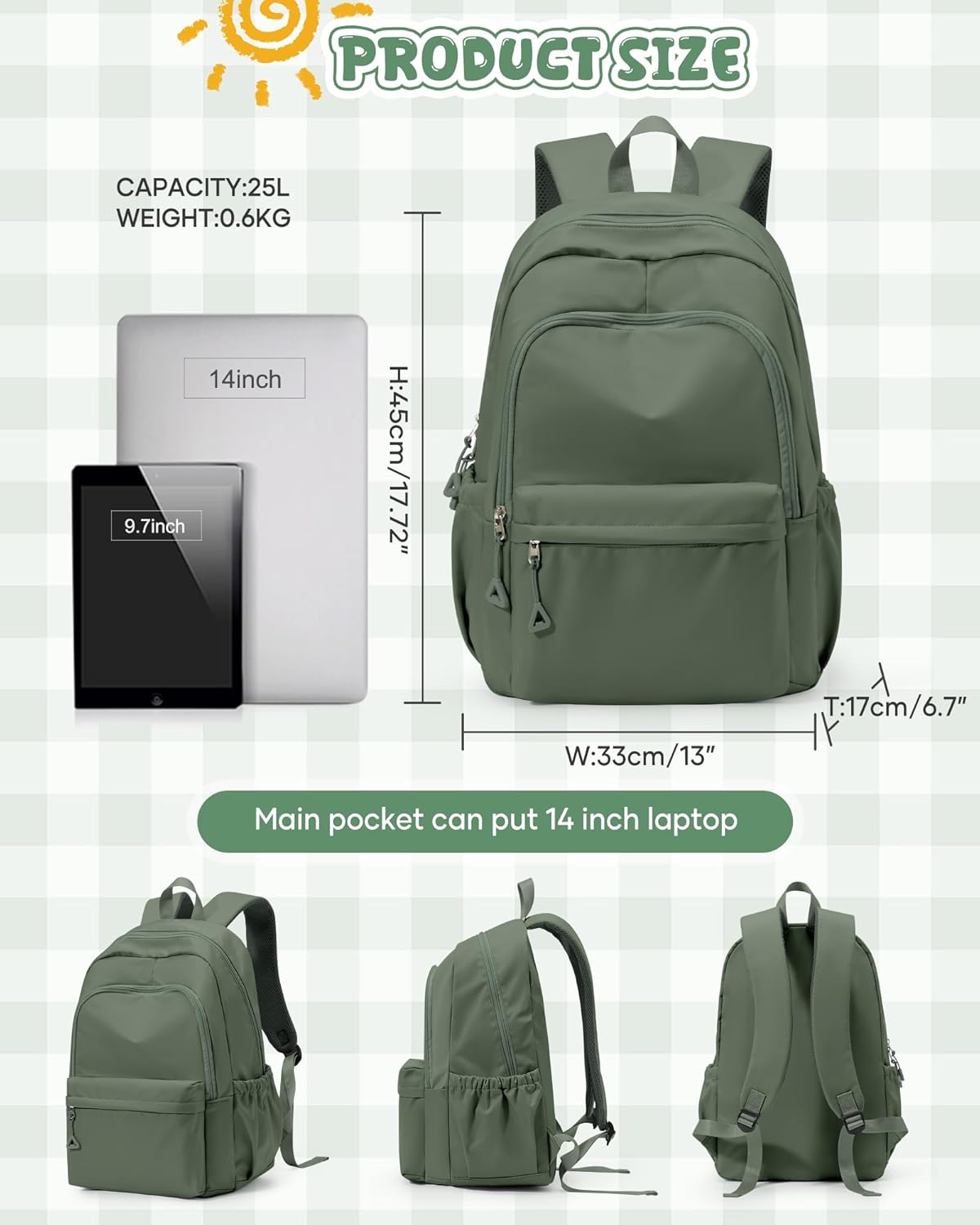 winspansy Backpack for School Teenage Girls Boys,Waterproof Lightweight School Bags Travel Daypack Simple Cute College Backpack Rucksack for Women Men fit 14 Inch Laptop,Army Green - Image 2