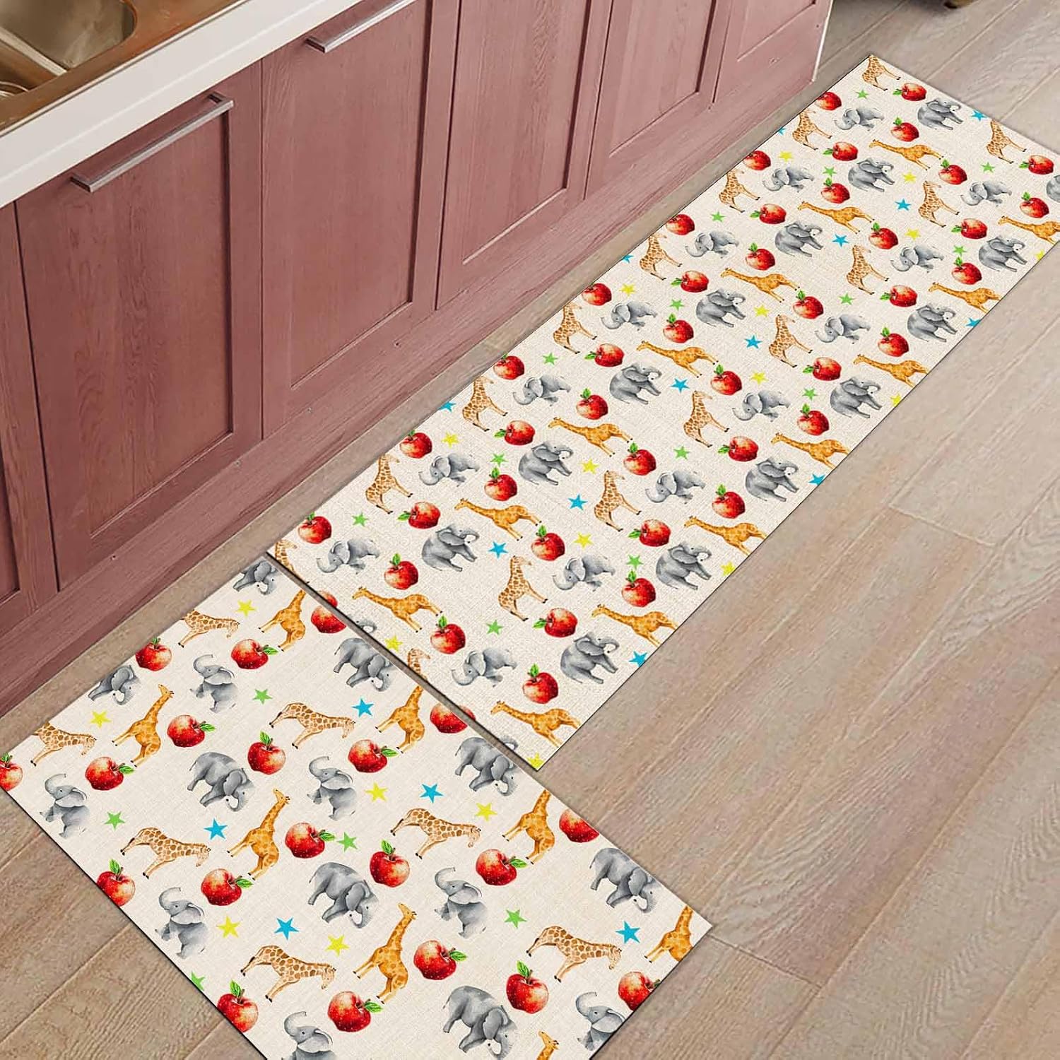 2 Pieces Kitchen Rugs and Mats,Vintage Giraffe Elephant Star Fruit Area Runner Rug Set Non Slip Floor Doormat Washable Carpet Standing Mat for Kitchen Sink Indoor Corridor,Cartoon Animal on Linen