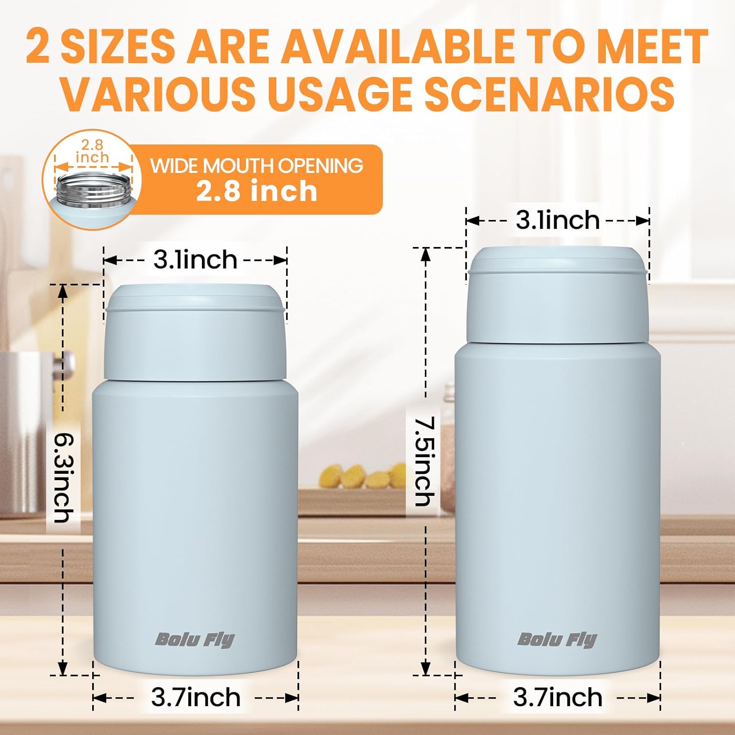 2 Pack Soup Thermo for Hot Food for Adults, Insulated Food Jar, Stainless Steel Vacuum Thermal Lunch Box Containers with Carry Bag and Spoon (18.5oz, 27oz) (Blue) - Image 3