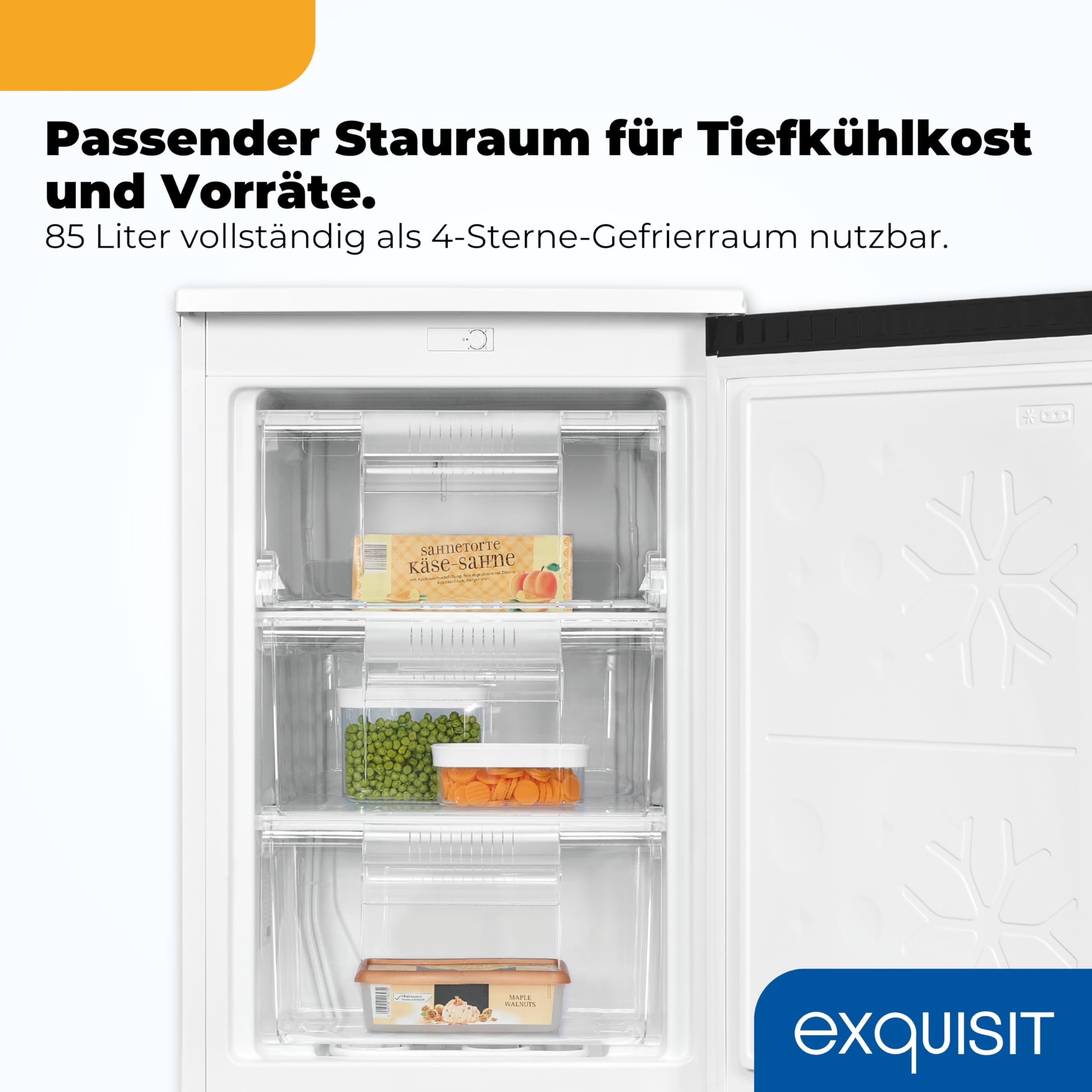 Exquisit GS581-051C Gefrierschrank 85 l Nutzinhalt Weiß Energieklasse Freistehender Tiefkühlschrank 4-Sterne-Gefrierfach 39 dB 84,5 x 54,9 x 55,7 cm