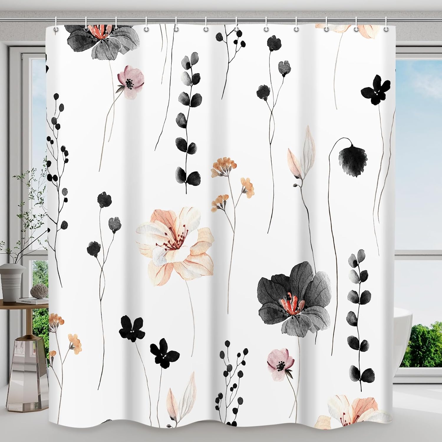 Waterproof Shower Curtain Set with Hooks - Watercolor Black Floral Plant Shower Curtains for Bathroom, 72 x 72 Black 72"W x 72"L (Pack of 1)