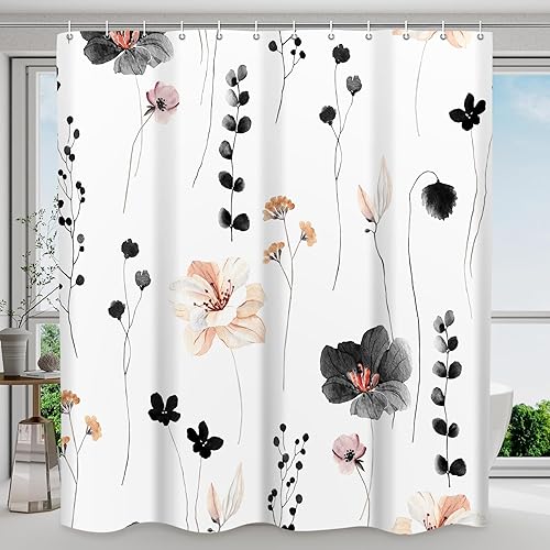 Juego de cortinas de ducha lavables con floresplantas de primavera en acuarela color negro para decoración modernacampestre de baño, de 72 x 72