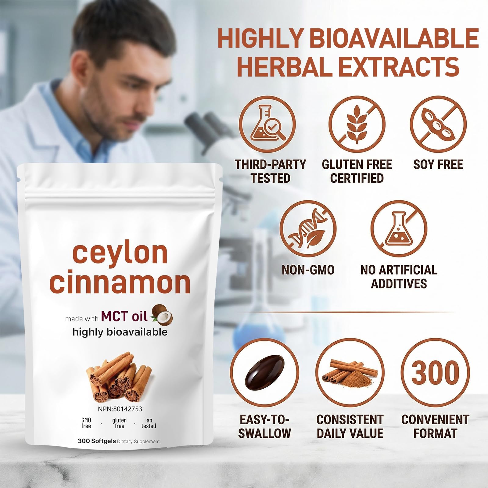 Ceylon Cinnamon Soft Gels with MCT Oil, Organic Ceylon Cinnamon Capsules, Highly Bioavailable Cinnamon Supplements, Non-GMO, Gluten Free, Micro Ingredients Formula – 300 Softgels (2Pack) — view 6