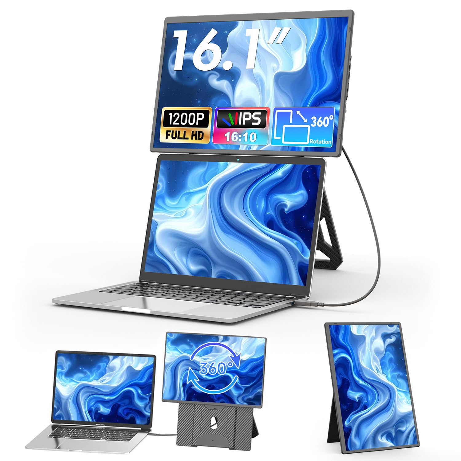 Teamgee Écran Portable 16,1" FHD 1200P IPS Con Soporte Magnético 360° de Altura Ajustable, Pantalla Dual Ultra Delgada Para Mac/Windows/Chrome (Portátiles 13-17.3"), Montaje VESA