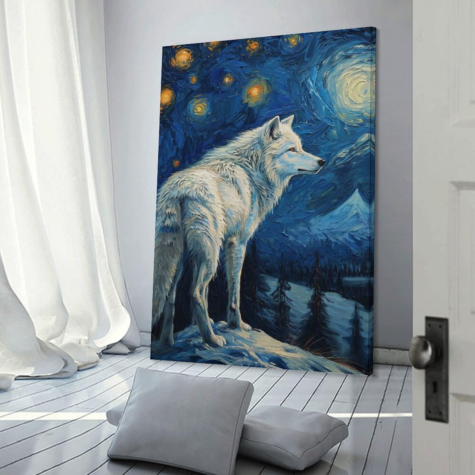 Junmoney Frame-Style-8 Starlit White Wolf Wall Picture Print 24X36inch(60X90cm), For Calm Bedrooms, Home Corners Or Flats, Home Artwork With A Soft Interior Feel