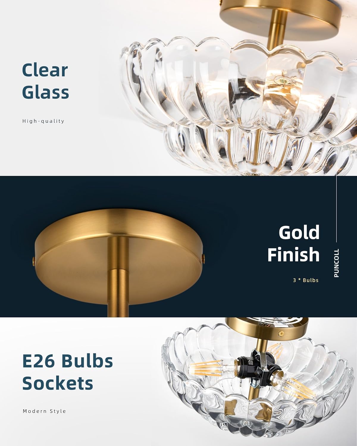 Semi Flush Mount Ceiling Light - Clear Glass Close to Ceiling Light Fixtures - Vintage Ceiling Lights for Hallway Living Room Kitchen Bedroom, C2513-CL
