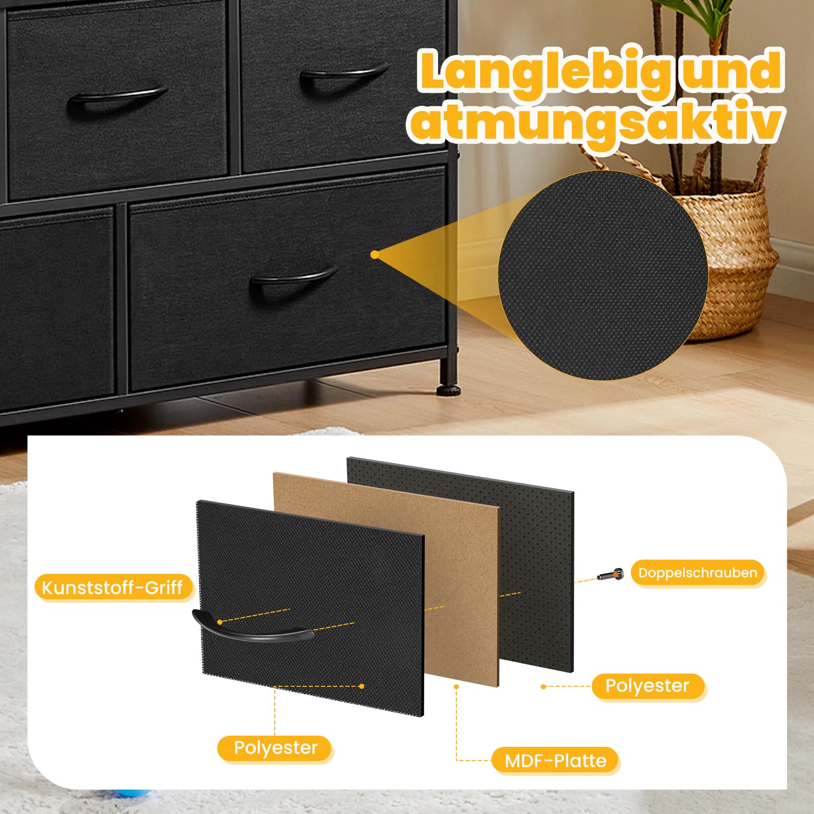 Huuger Cassettiera Lunga 160 Cm Con Luci LED E Prese Di Corrente | Mobile TV Per TV Fino A 70 Pollici | 11 Cassetti In Tessuto, Superficie In Pelle PU, Nero