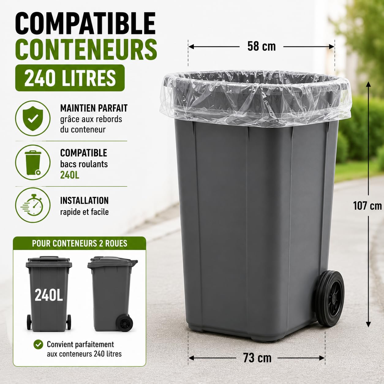 Bolsa de basura transparente de 240 litros | 50 bolsas de basura 240 l | Resistente (30 µ) | Para contenedores de basura 2 ruedas | Clasificación selectiva de residuos | Protección contra fugas - Anti