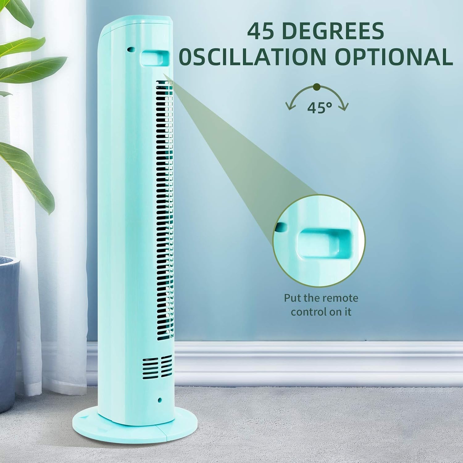 Kismile Tower Fan showing 45-degree oscillation and remote storage slot