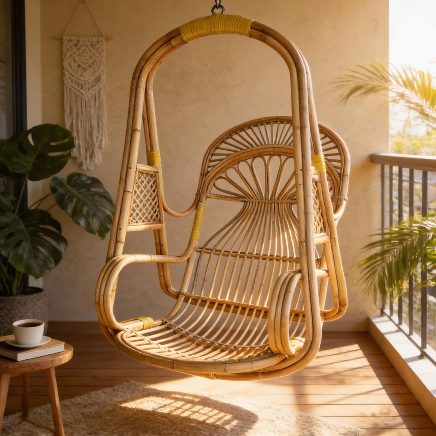 Kaushalendra Bamboo Cane Hammock Swing Chair - 1-Seater, 150 kg Capacity, Wooden Jhula, Ivory-image-28