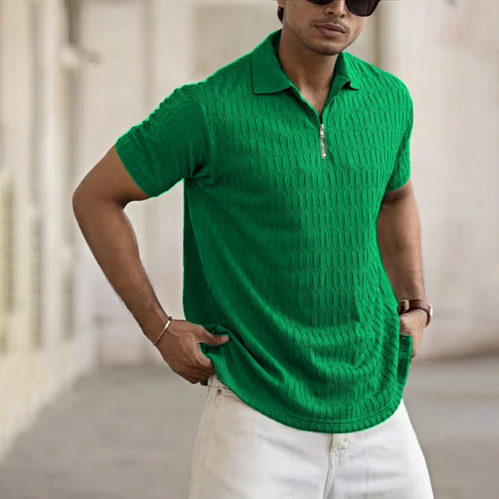 Polo Uomo Tinta Unita con Motivo Jacquard Maniche Corte, Indumento Sportivo con Collo Contrastante per Uscite Estive