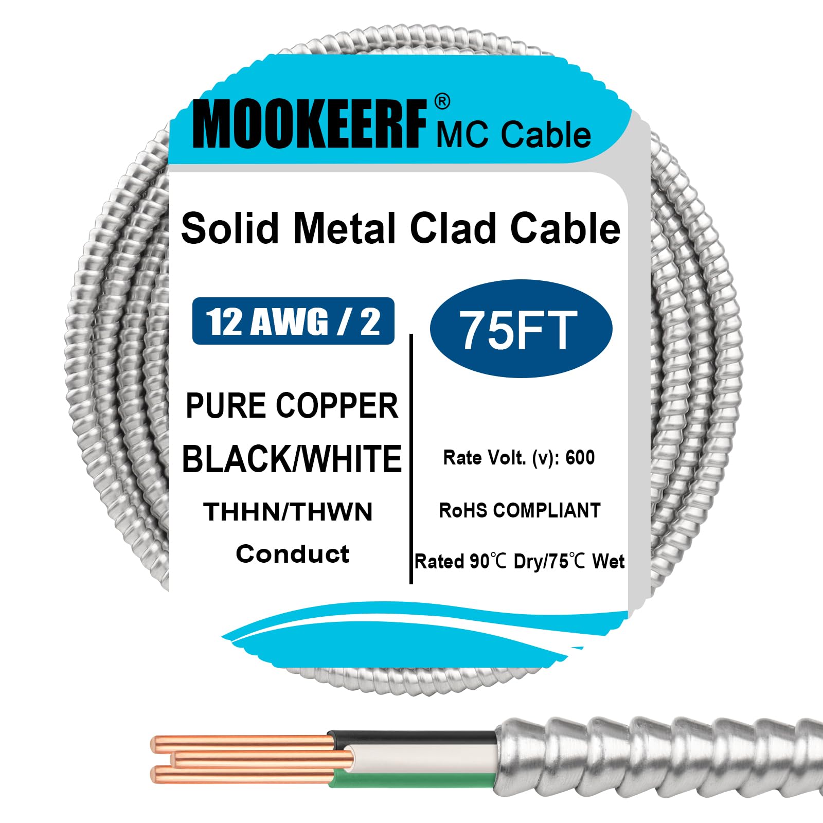 MOOKEERF 12/2 MC Cable with Ground - 75FT Pure Copper 12AWG/2 Metal Clad Wire with Aluminum Armor 12 Gauge 2 Conductor Type MC Alum Cable