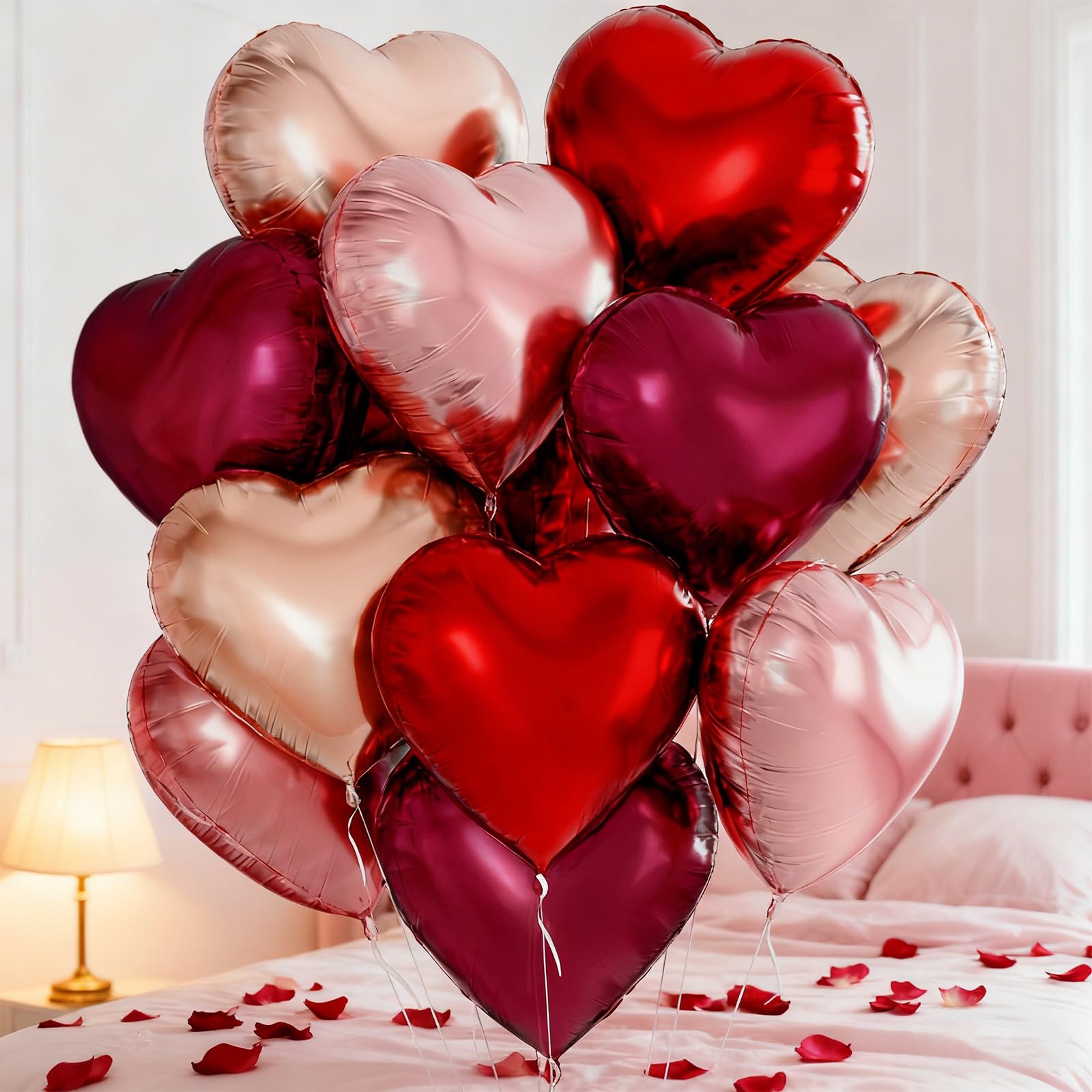QIFU Red Pink Heart Balloons 12pcs, Dark Red Gold Pink Love Heart Balloons Valentines Balloon - Image 3