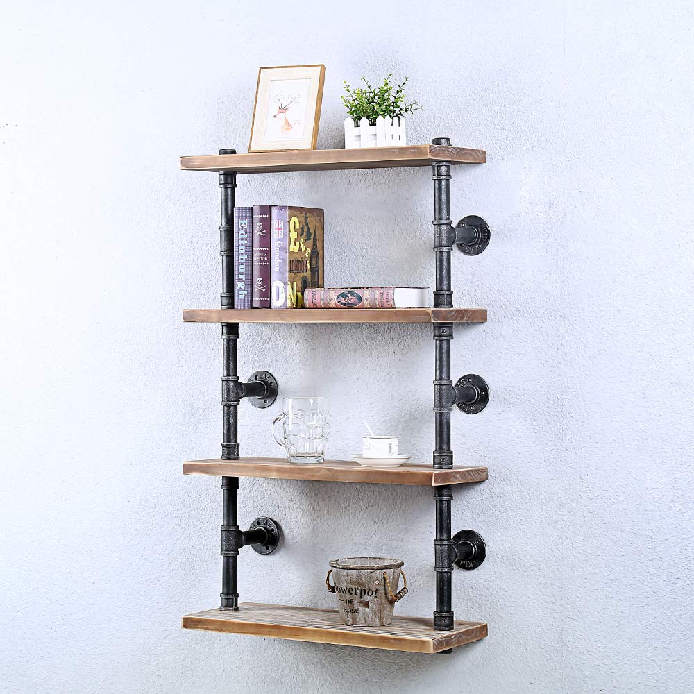 Industrial Pipe Shelf Wall Mounted,4 Tier Rustic Metal Floating Shelves,Steampunk Real Wood Book Shelves,Wall Shelving Unit Bookshelf Hanging Wall Shelves,Farmhouse Kitchen Bar Shelving(24in)