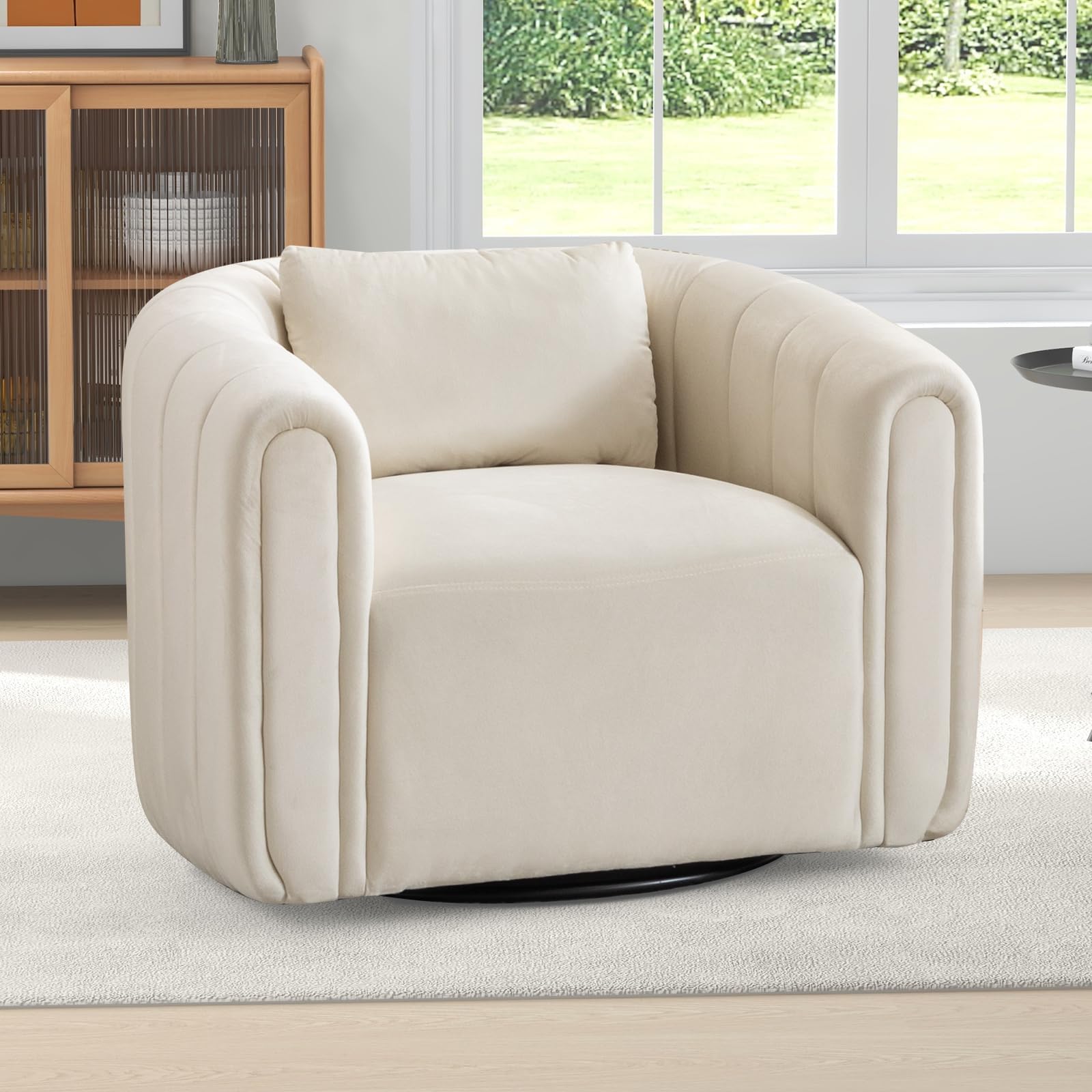 ANJ Swivel Accent Chair,Velvet Barrel Chair for Living Room,Comfy Modern Armchair,Completely Assembled(Beige)