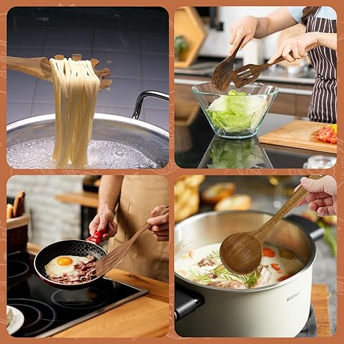 Miniatura 7 de comfoyar Juego de utensilios de cocina de madera, 7 cucharas de madera de teca natural para cocinar con espátula y cucharón, utensilios de cocina