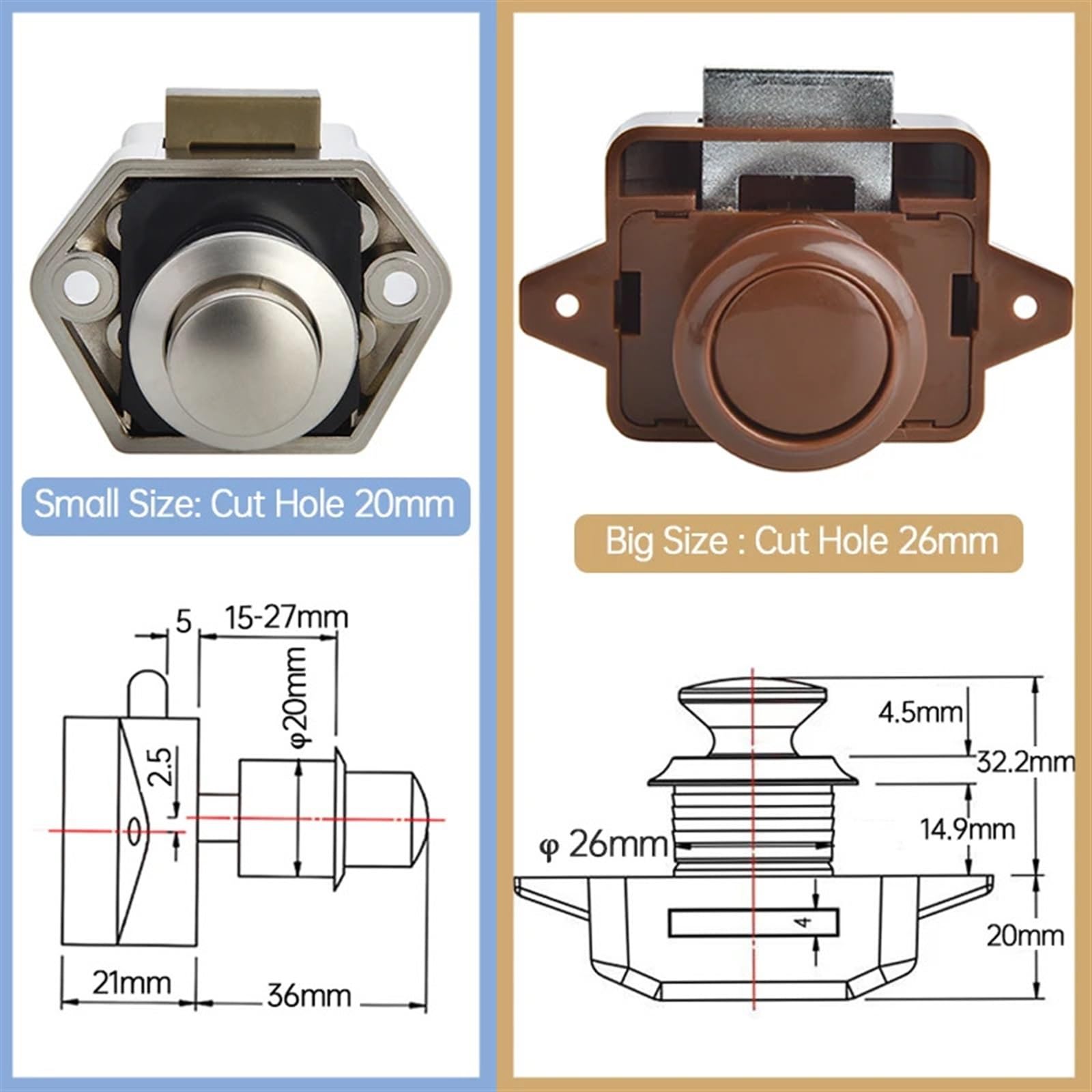 Camper Car Push Lock 20 mm RV Caravan Boat Motor Cabinet Home Cabinet Przycisk zamykający zamki do mebli sprzętowych 10 sztuk (Big Pearl Nikel)