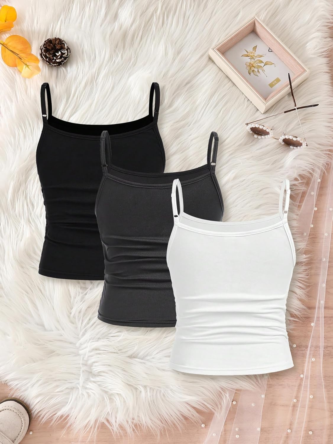 Girl's Tank Tops 3 Packs Sleeveless Casual Camisole Undershirt Spaghetti Strap Slim Fit Cami Kids Basci Top for 8-12Y - Image 2