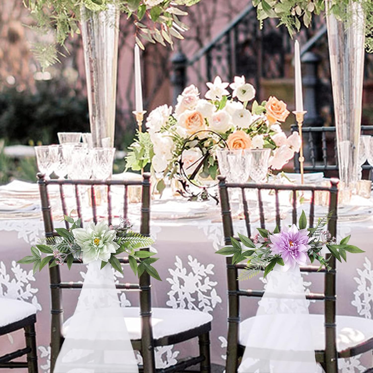 FQQWEE 6 Pcs Wedding Aisle Chair Decorations Artificial Wedding Chair Back Floral with Mesh Gauze Nordic Vintage Purple Pew Flowers for Church Chair Wedding Ceremony Party Decoration