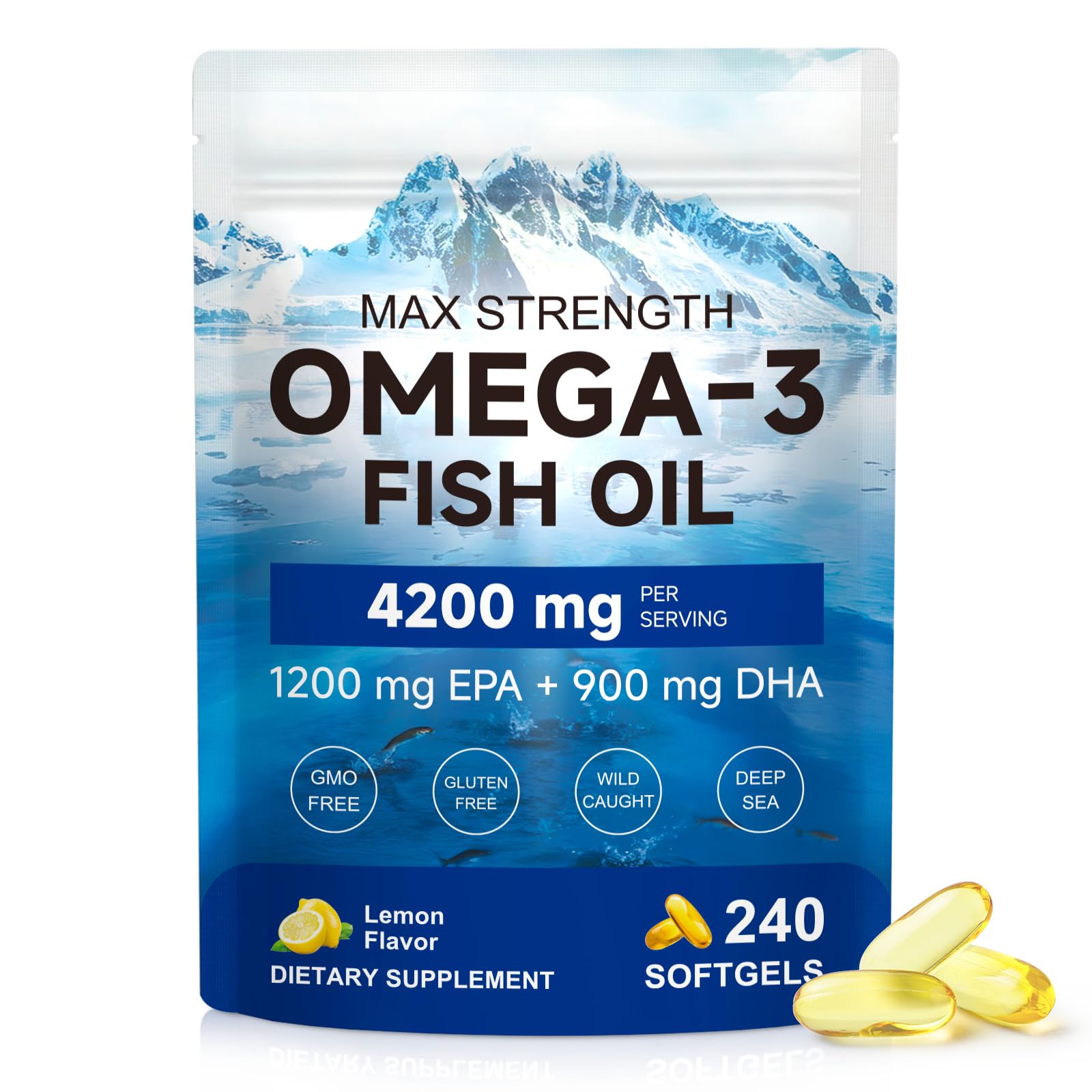 Omega 3 Fischöl Softgels - 4200mg pro Portion, 240 Kapseln mit Zitronengeschmack | Hoher Anteil an 1200mg EPA & 900mg DHA | Wildfang aus Norwegen | Magensaftresistent & Ohne Aufstoßen | Ohne Gentechni