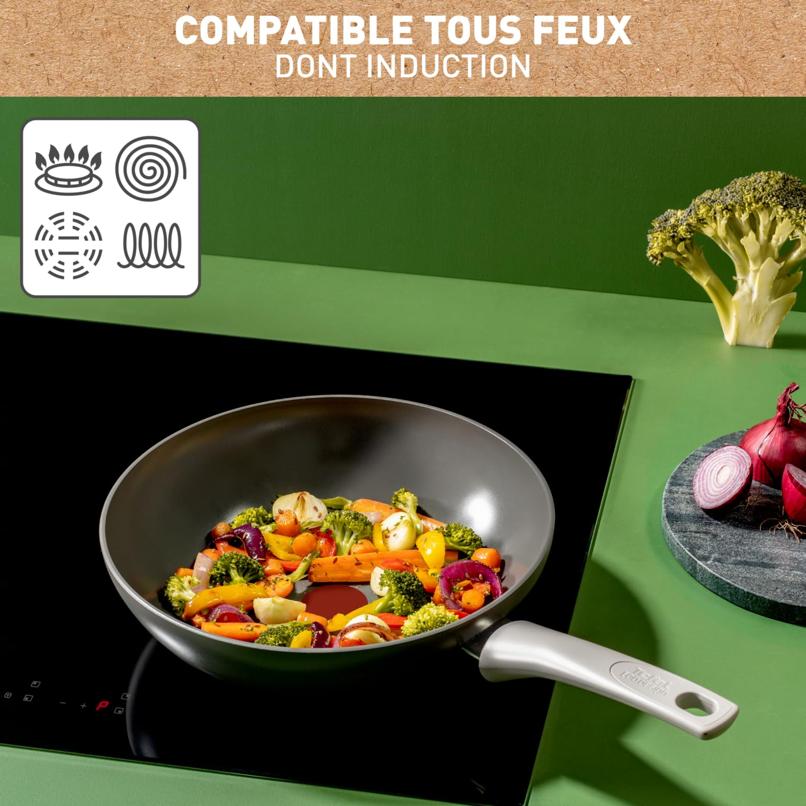 Tefal Lot de 3 poêles 20/24/28 cm, Induction, Revêtement antiadhésif céramique, Indicateur de cuisson Thermo-Signal, Eco-conception, Cuisson saine, Fabriqué en France, Renew On C4279132