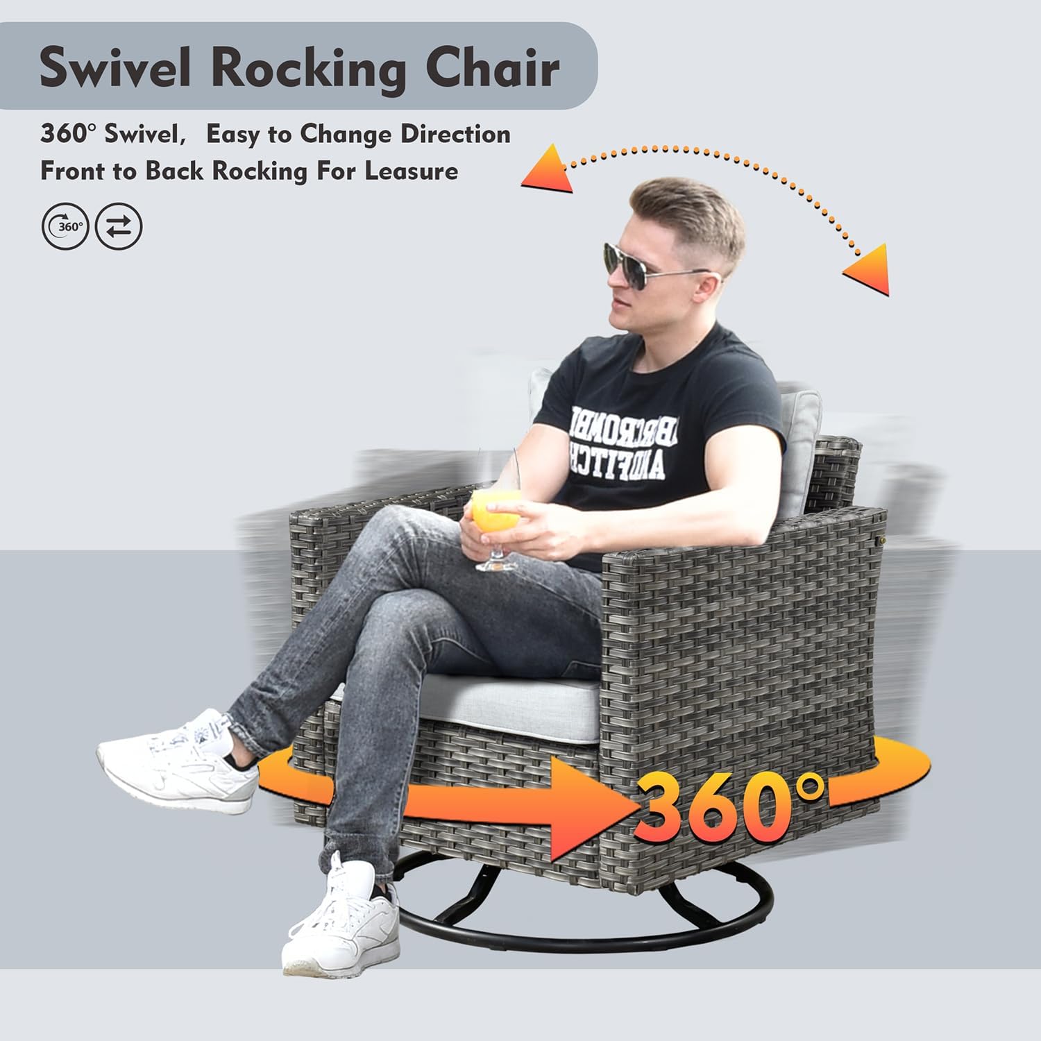 CAODOC 7 Pieces Outdoor Patio Furniture Set, Rattan Wicker Sectional Swivel Rocker Chairs Sets with Table, Swivel Glider Chairs, and Side Table