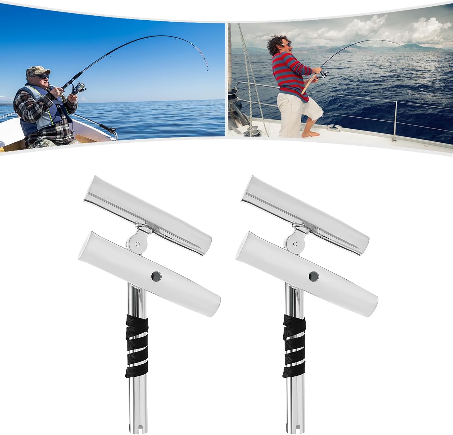 Pair of Boat Stainless Steel Fishing Dual Rod Holder Silver Highly Polished Dual Adjustable Outrigger Rod Holder, Double Angle Adjustable Rod Holder, Any Angle from Water for Marine Yacht