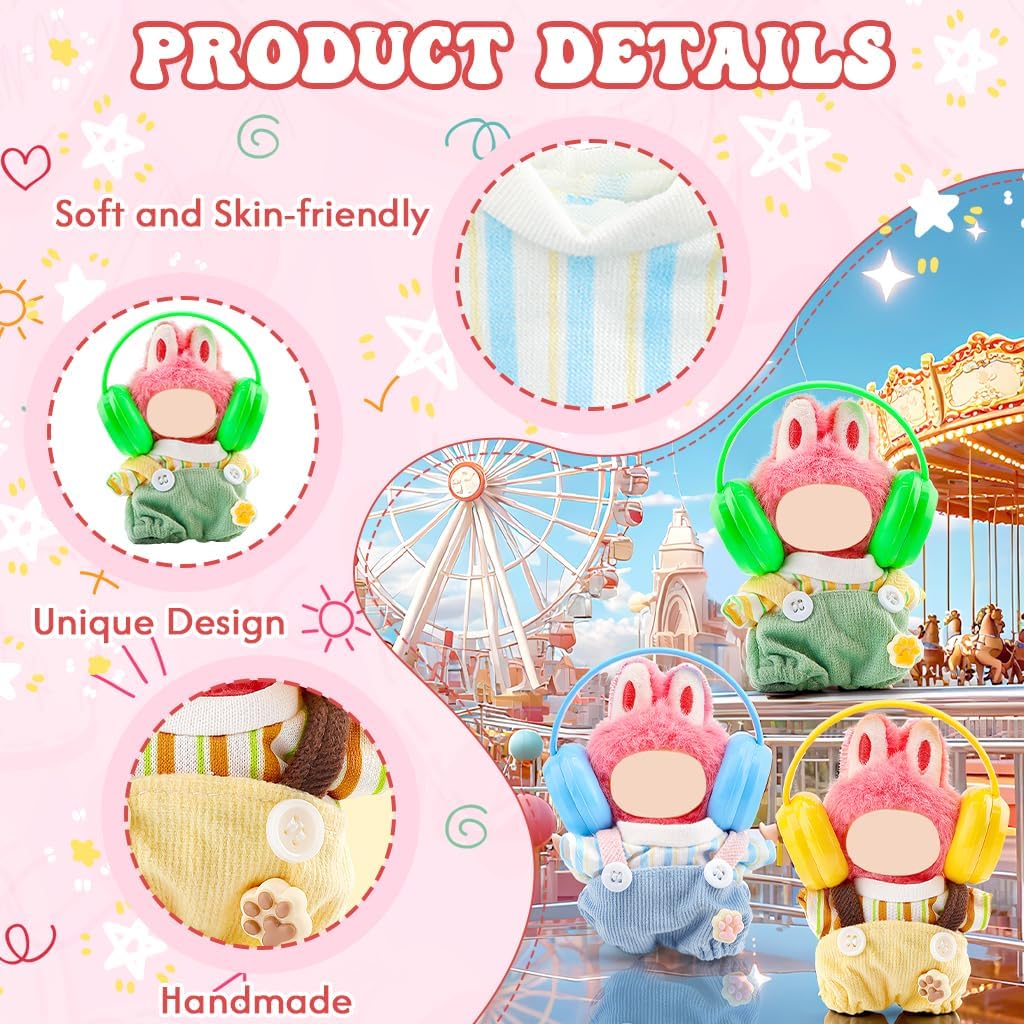 WALLFID Pin for Love Series Doll Clothes Set 10cm (NO Doll), 3-Pack Casual Outfits with Overalls and Headphones, Mini Clothes Accessories for Dress Up, Photography & Collector Display (Yellow)