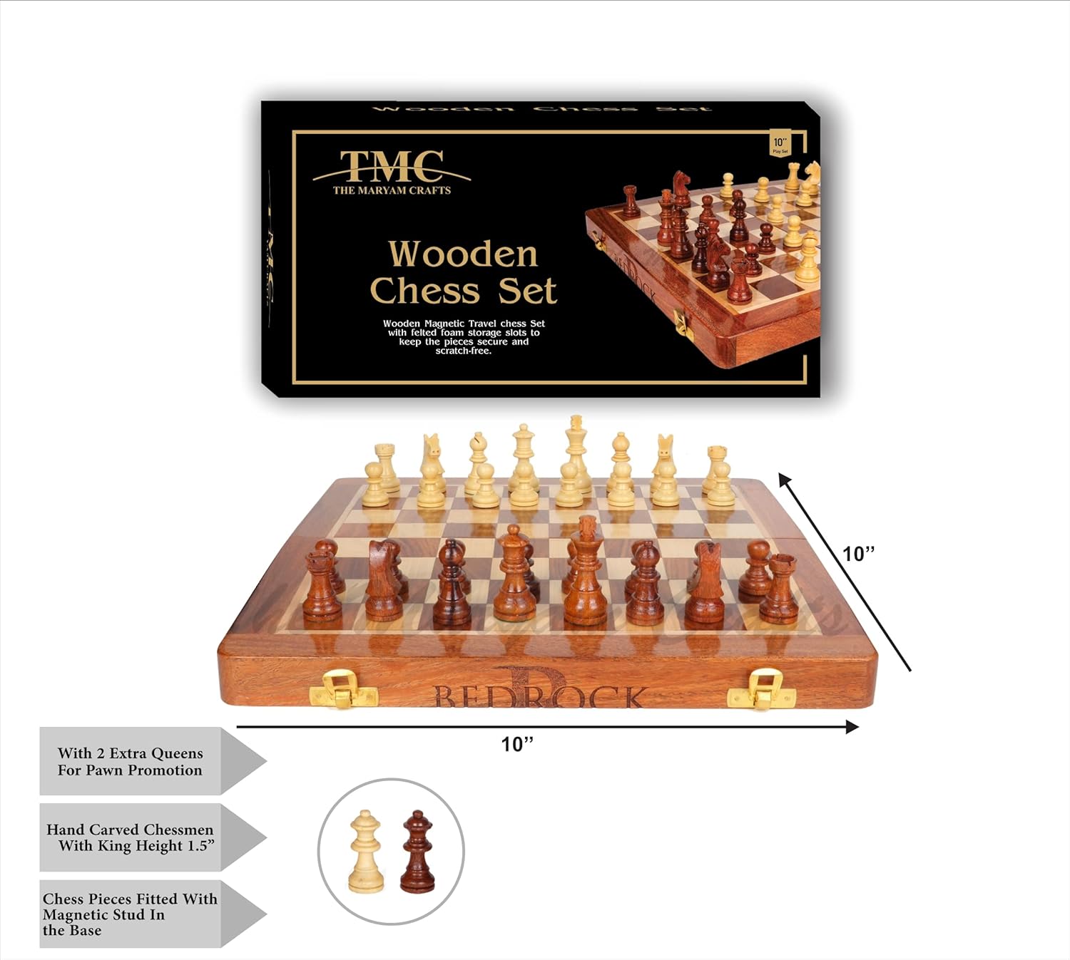 Personalized Wooden Foldable Magnetic Chess Set with 2 Extra Queens, Handcrafted Travel Chess Board Game for Adults with Built in Storage for Chess Pieces, Brown Wood Chess Set