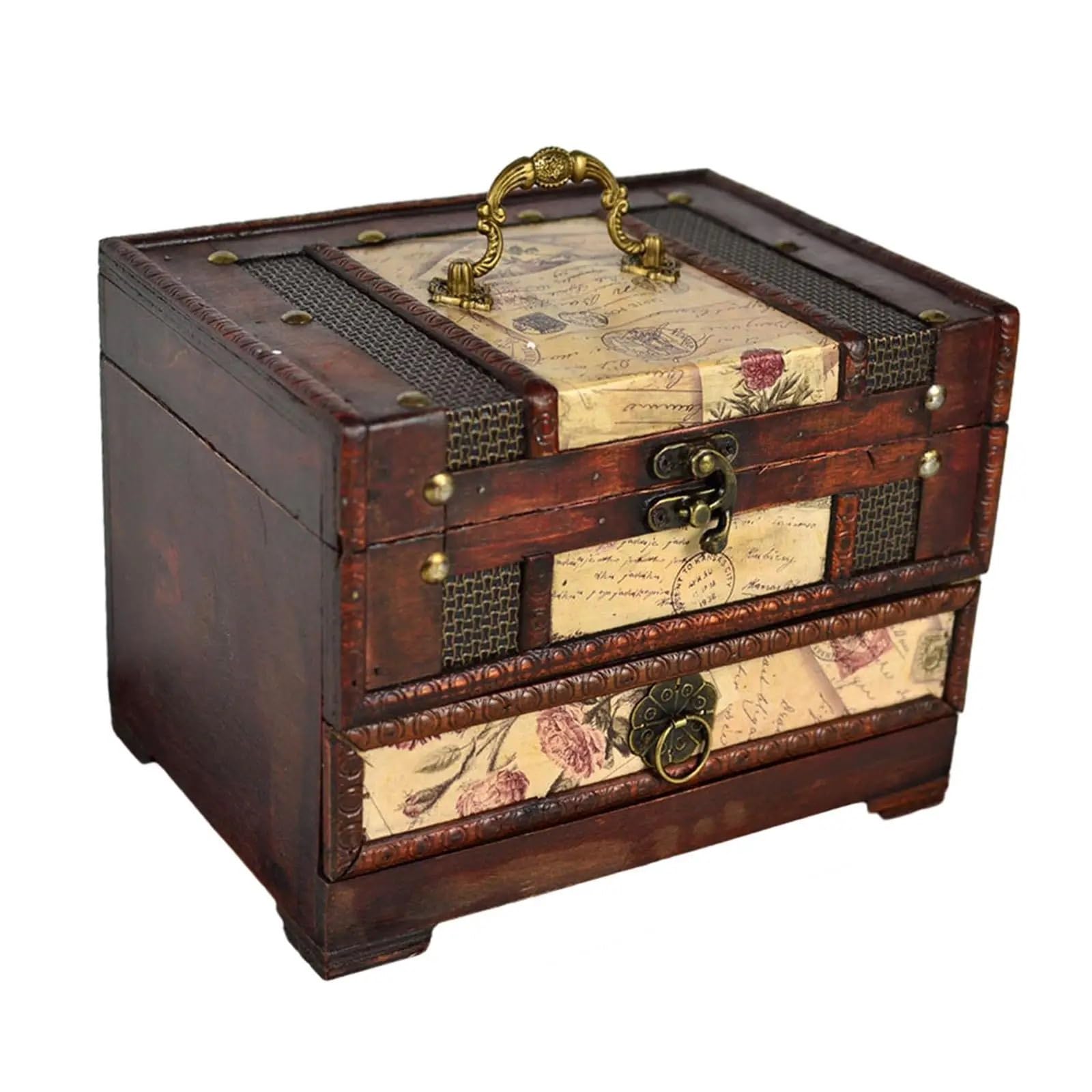 YShiuoL Wooden Storage Box Vintage Wooden Jewelry Box Antique Case Holder Women With Mirror Retro Jewellery(Style1)
