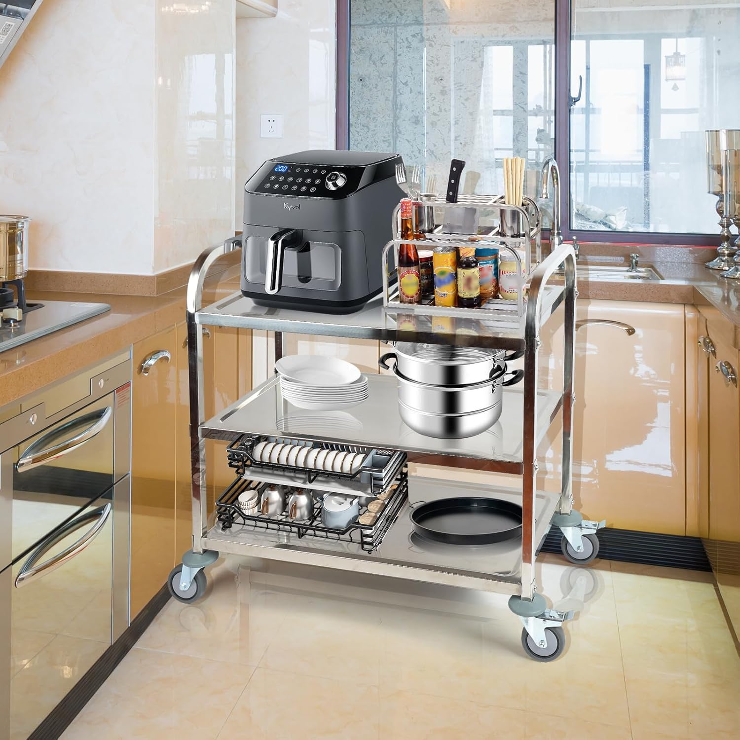 Generisch Carrello da servizio, 75 x 40 x 83,5 cm, in acciaio inox, con 4 ruote girevoli a 360°, per ristorante, cucina o hotel