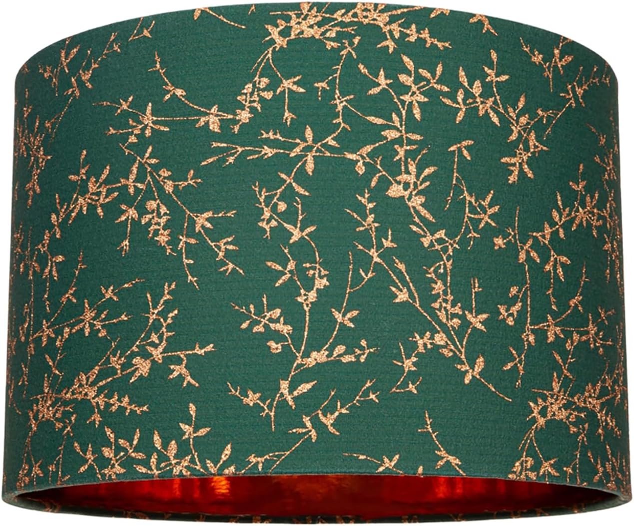 Modern Forest Green Cotton Fabric 12" Lamp Shade with Copper Foil Floral Decoration Suitable for Table or Ceiling Usage | 30cm Diameter | 60w Maximum by Happy Homewares