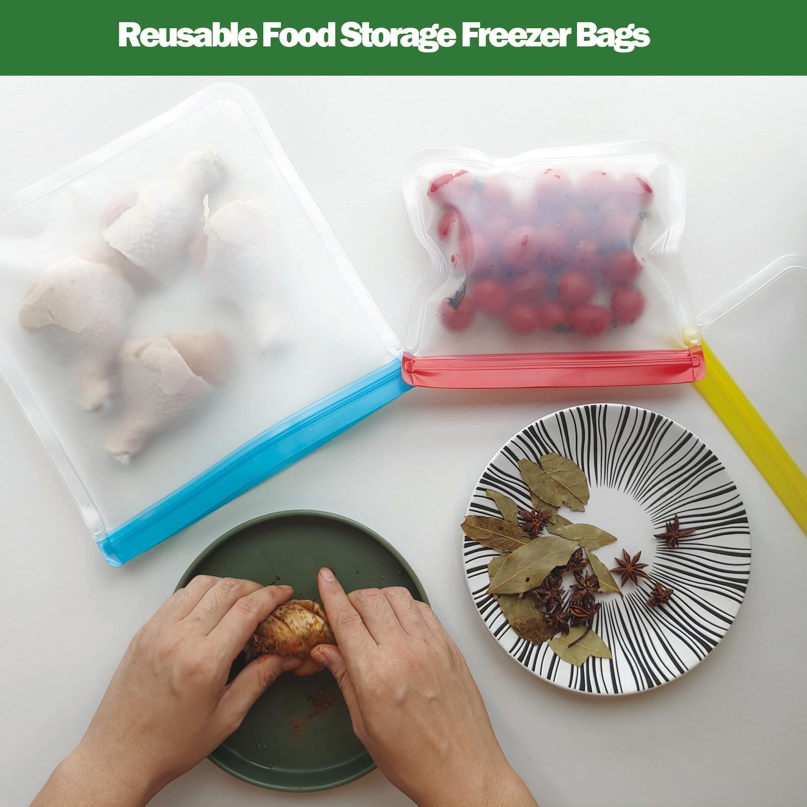 12 bolsas reutilizables para almacenamiento de alimentos, 4 tipos de diferentes tamaños, a prueba de fugas, bolsas reutilizables para congelador, sin BPA, utilizadas para almacenamiento en el hogar y